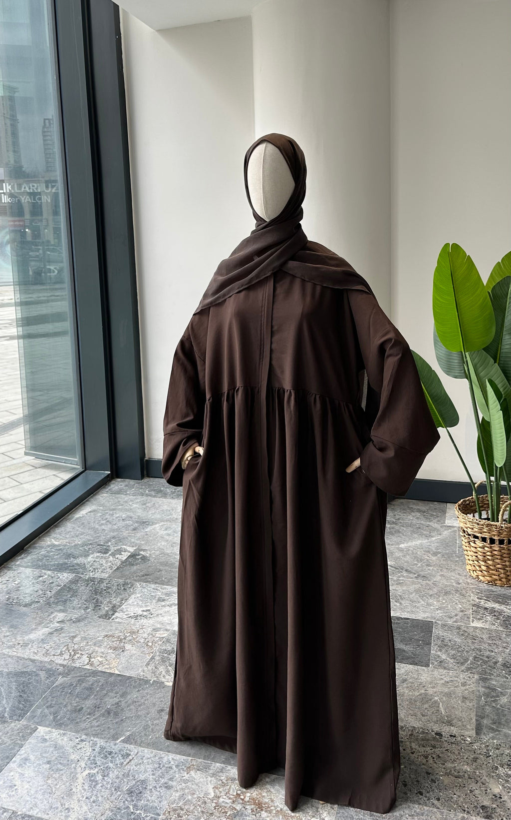 Tensel Kumaş/Robalı Kahve Ferace - Abaya kol