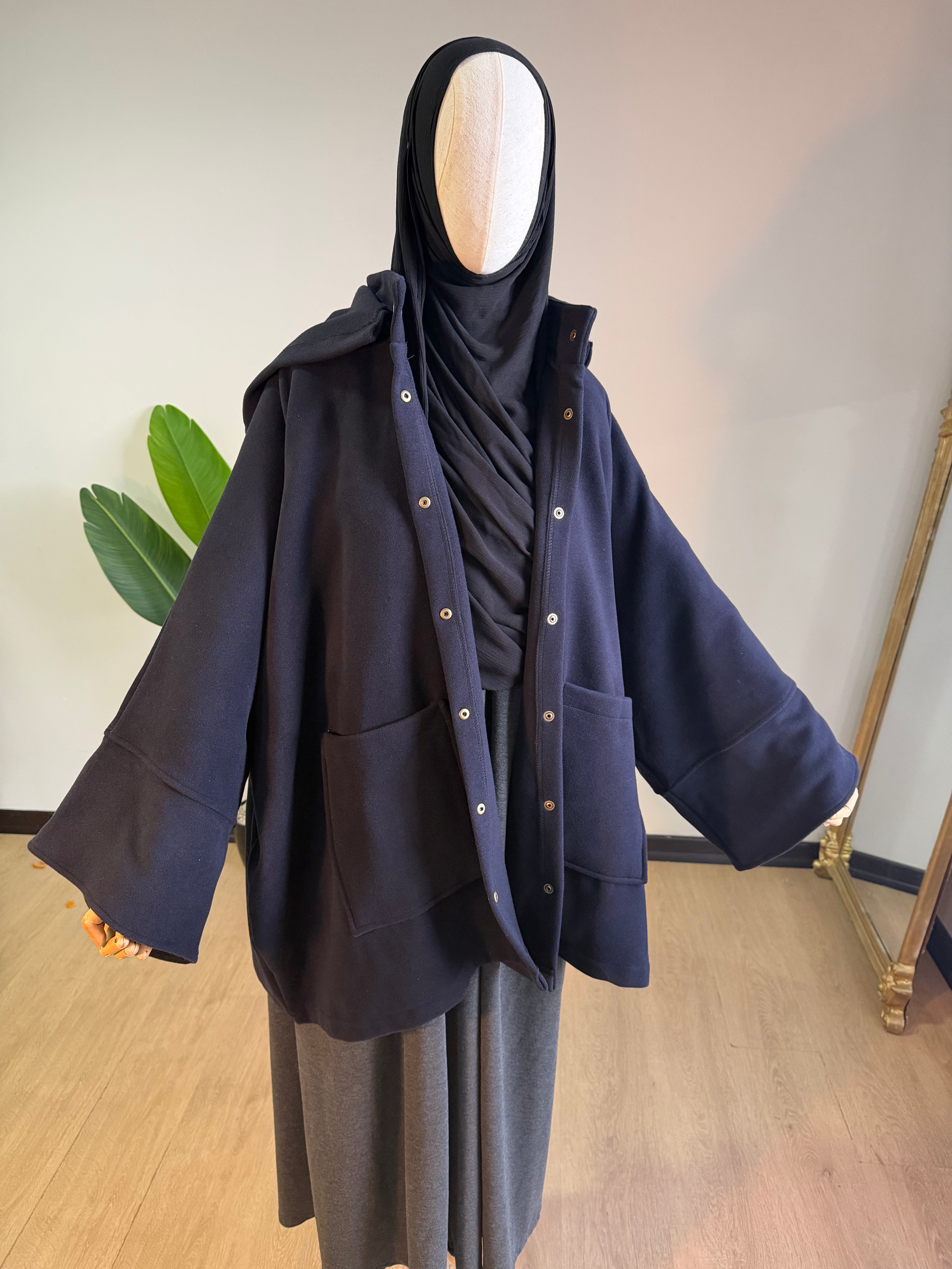 Kaşe ceket panço -  lacivert | çıtlı