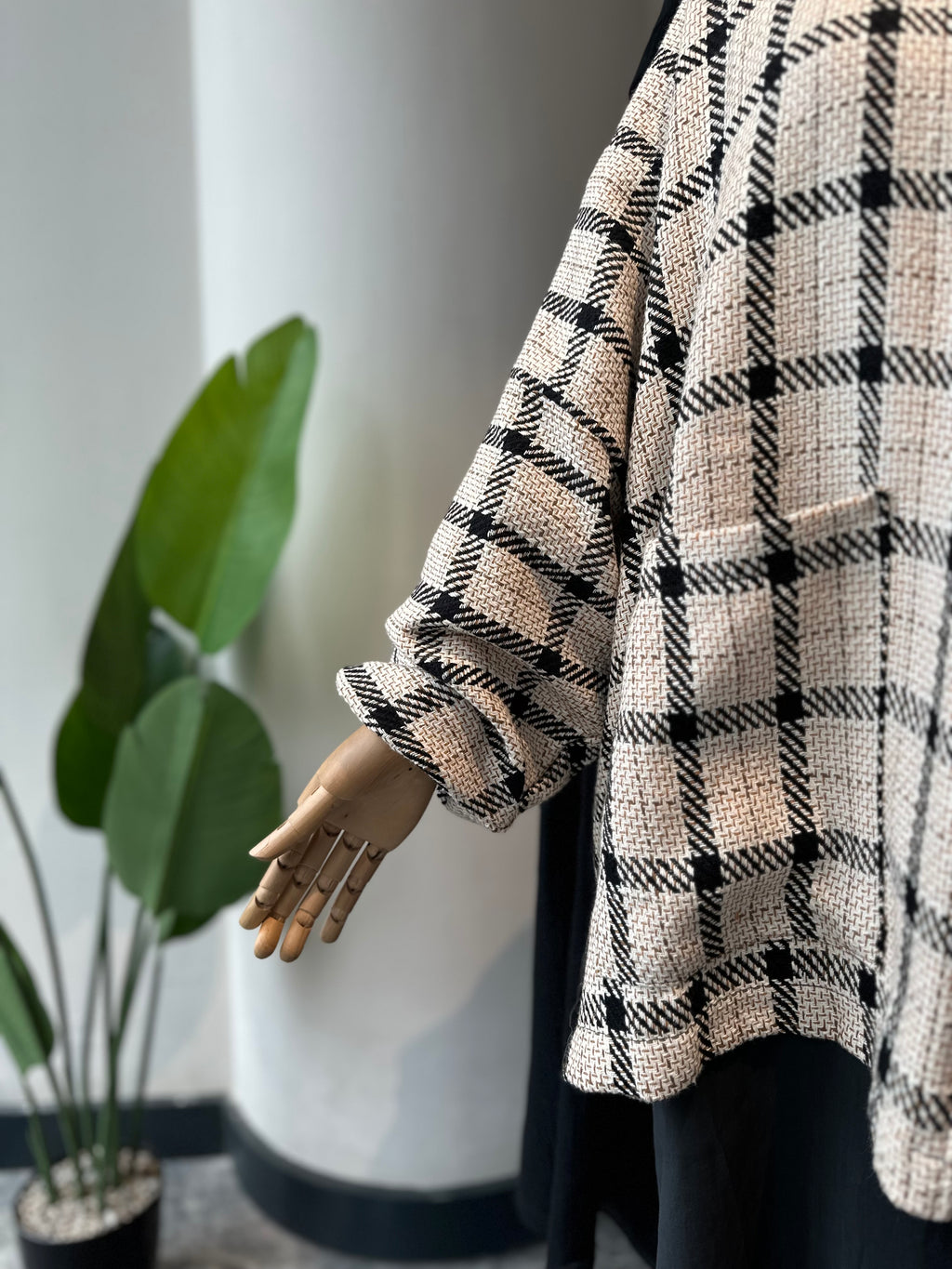Bej ekose ceket panço - fermuarlı
