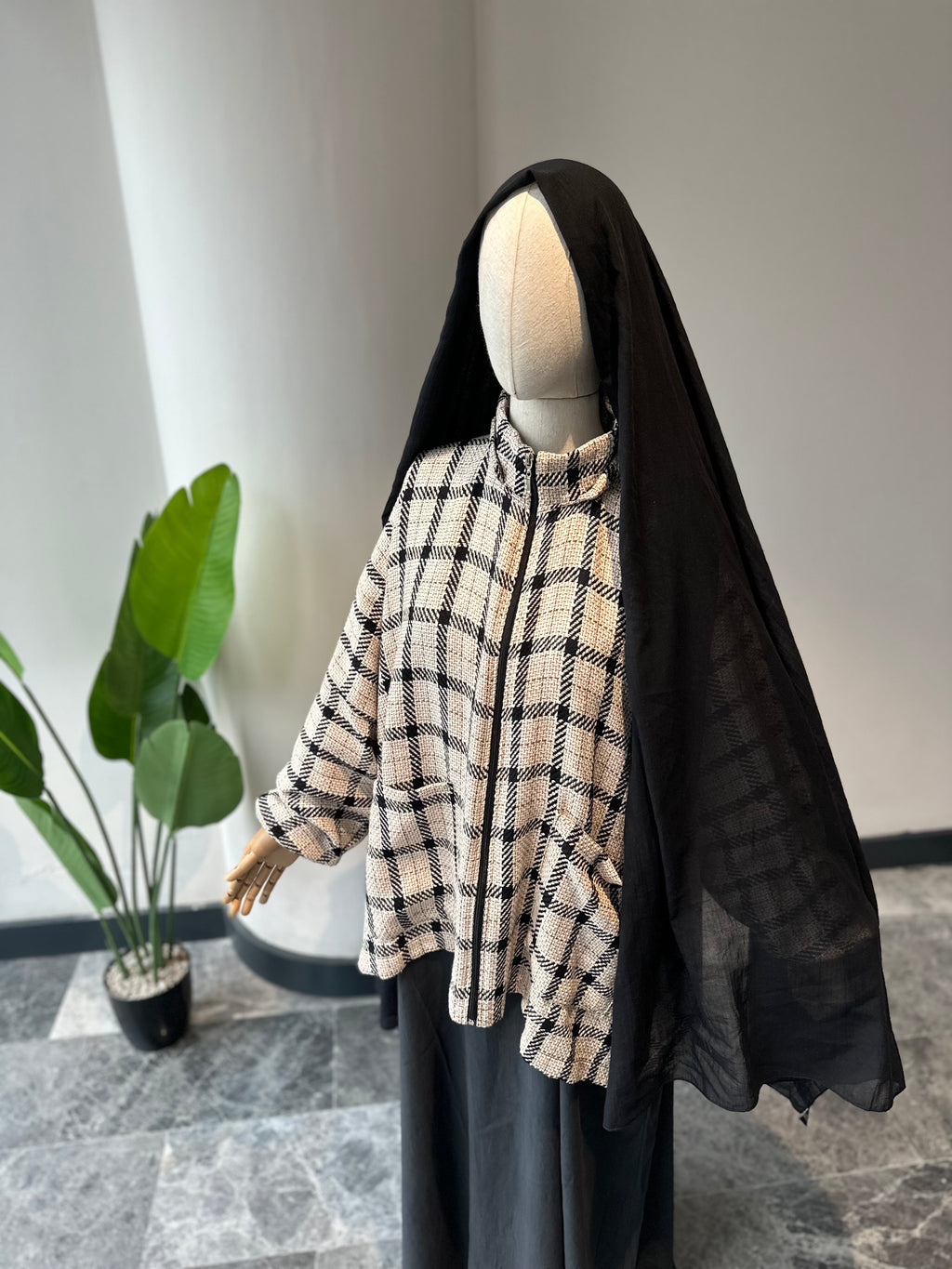 Bej ekose ceket panço - fermuarlı