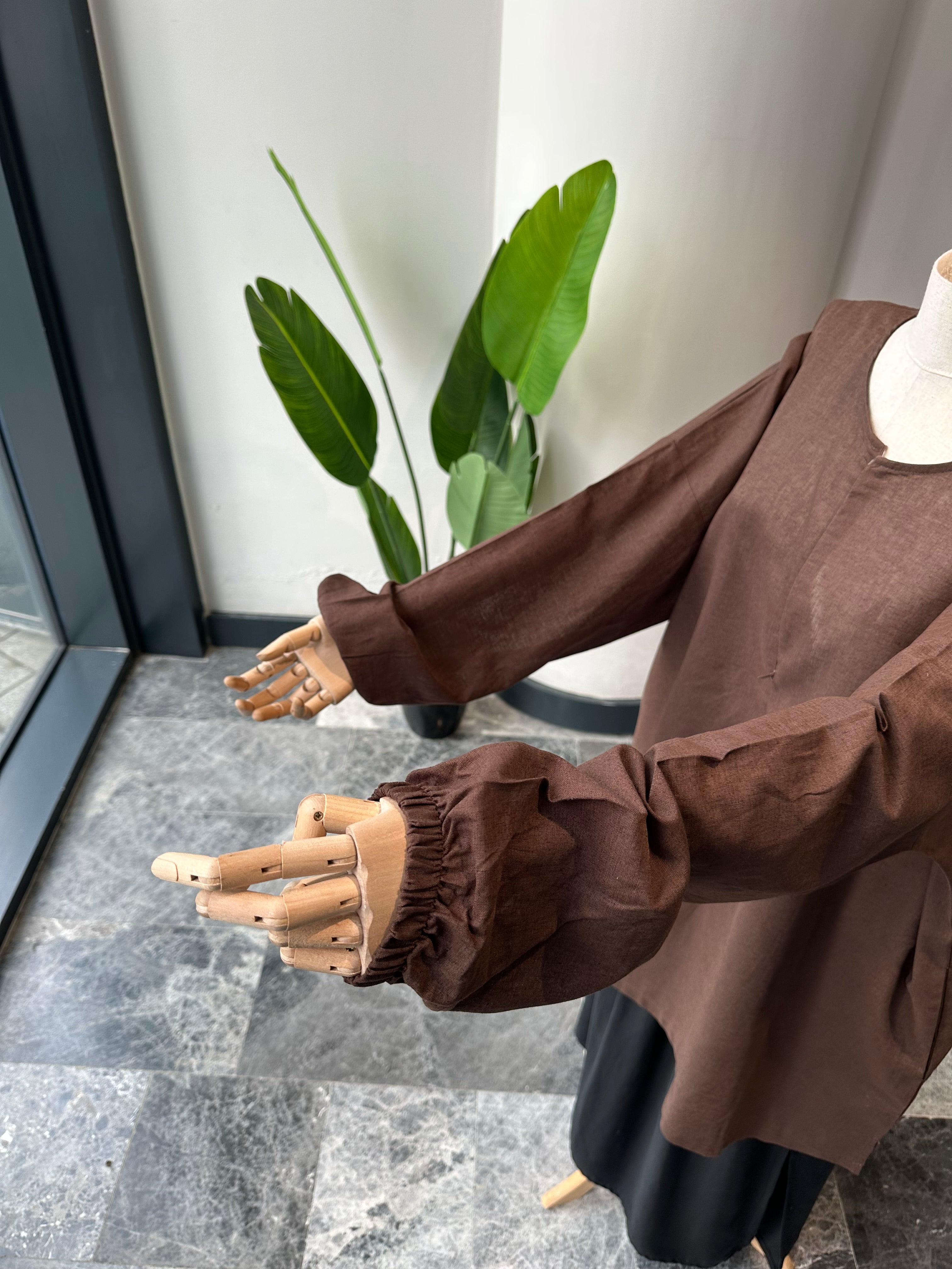 sade keten tunik - kahve