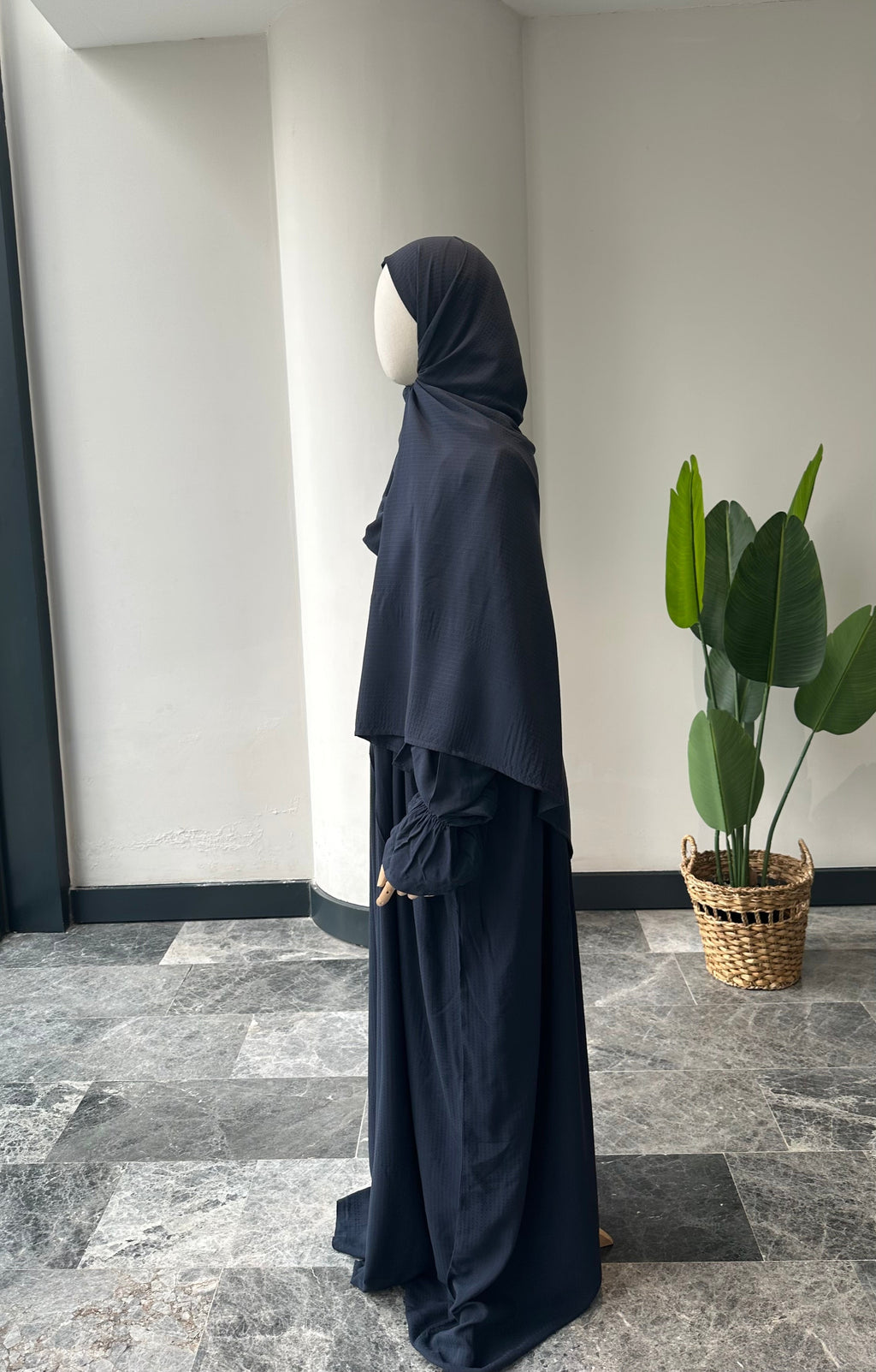 Soft Pamuk Jakar Kendinden Şallı ibadet Elbisesi - Lacivert