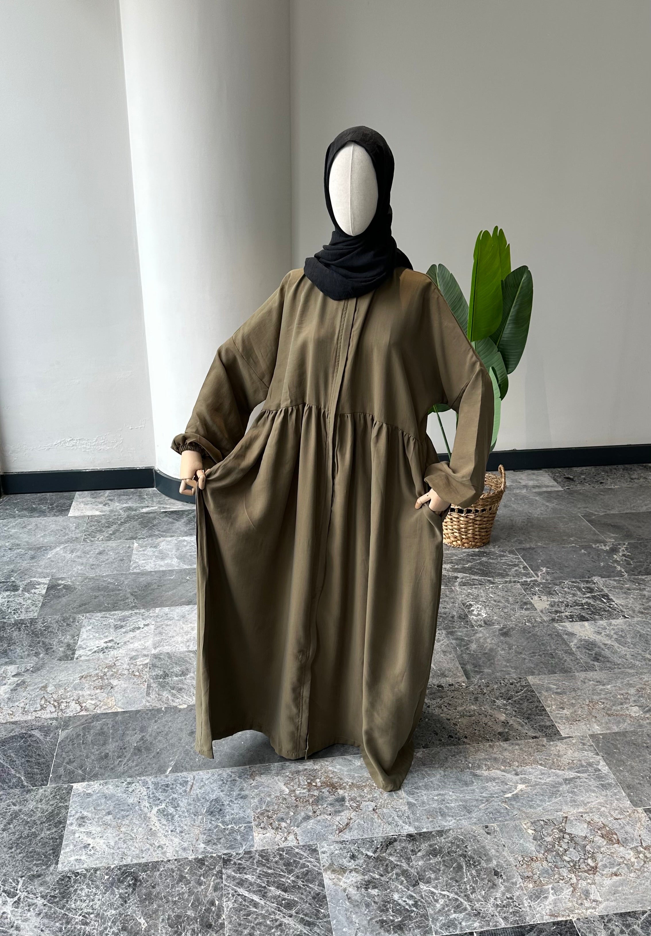 Tensel Kumaş/Robalı Haki Ferace - Lastik kol