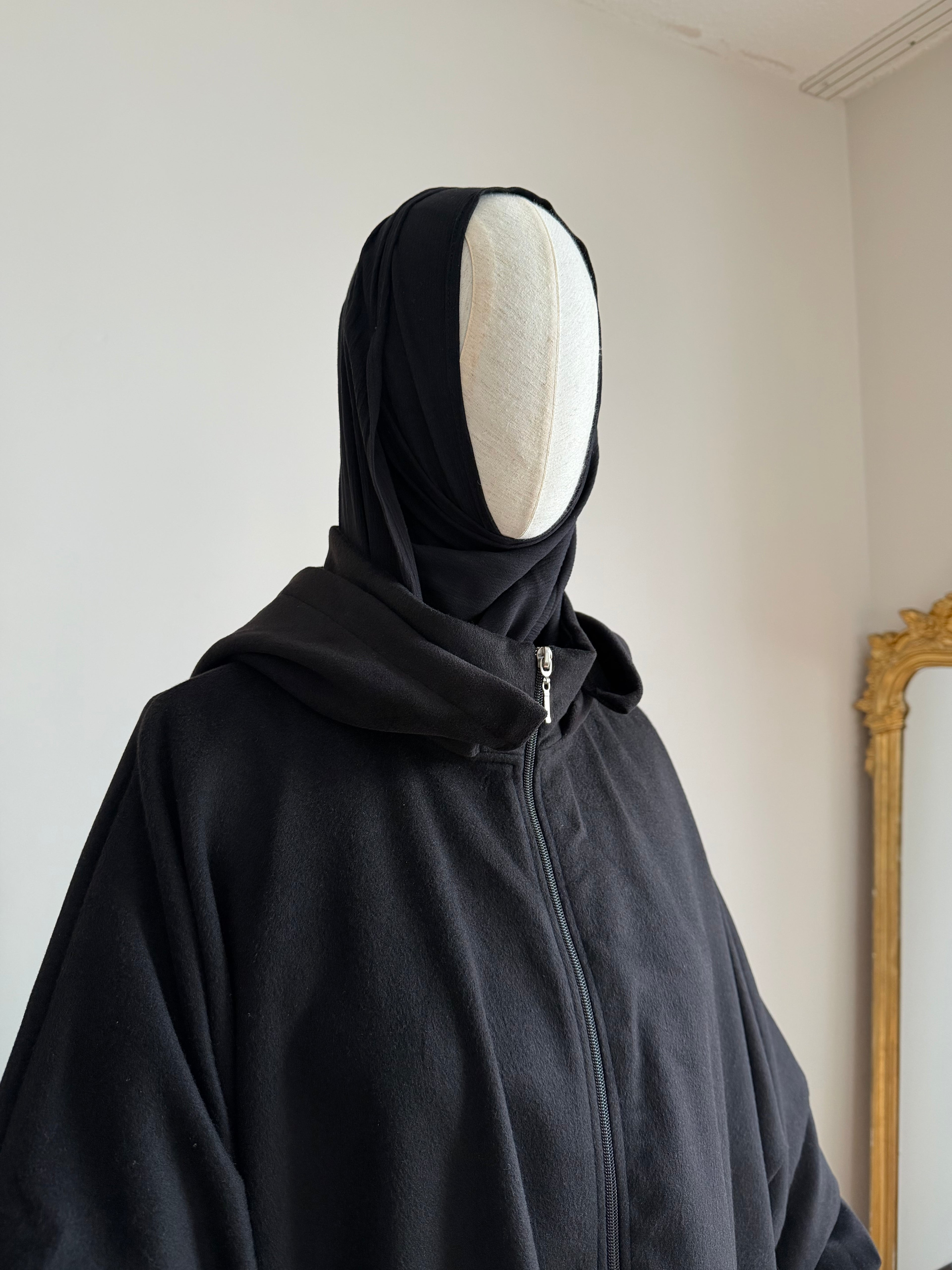 Kaşe ceket panço - siyah | fermuarlı