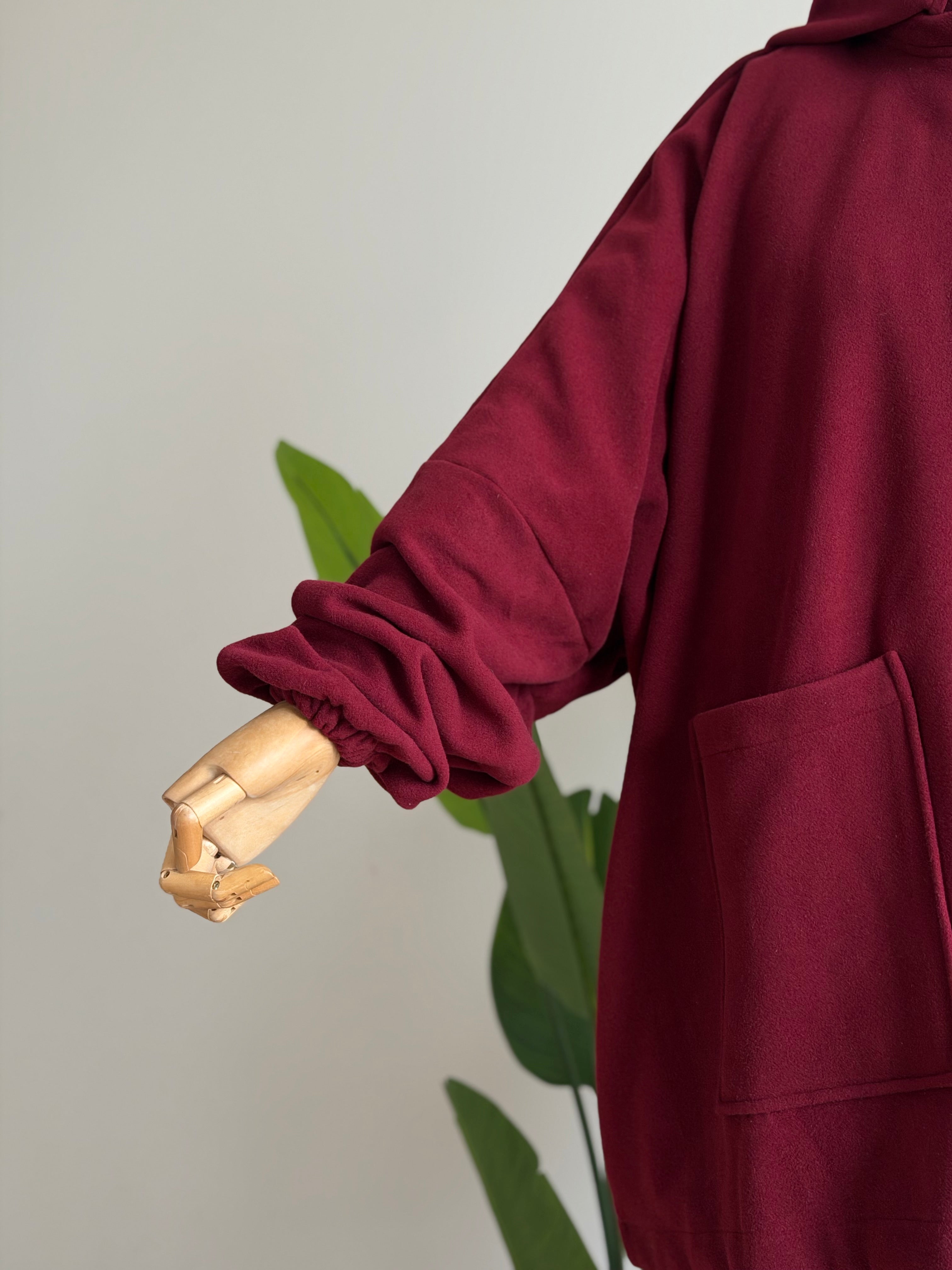 Kaşe ceket panço - vişne | fermuarlı