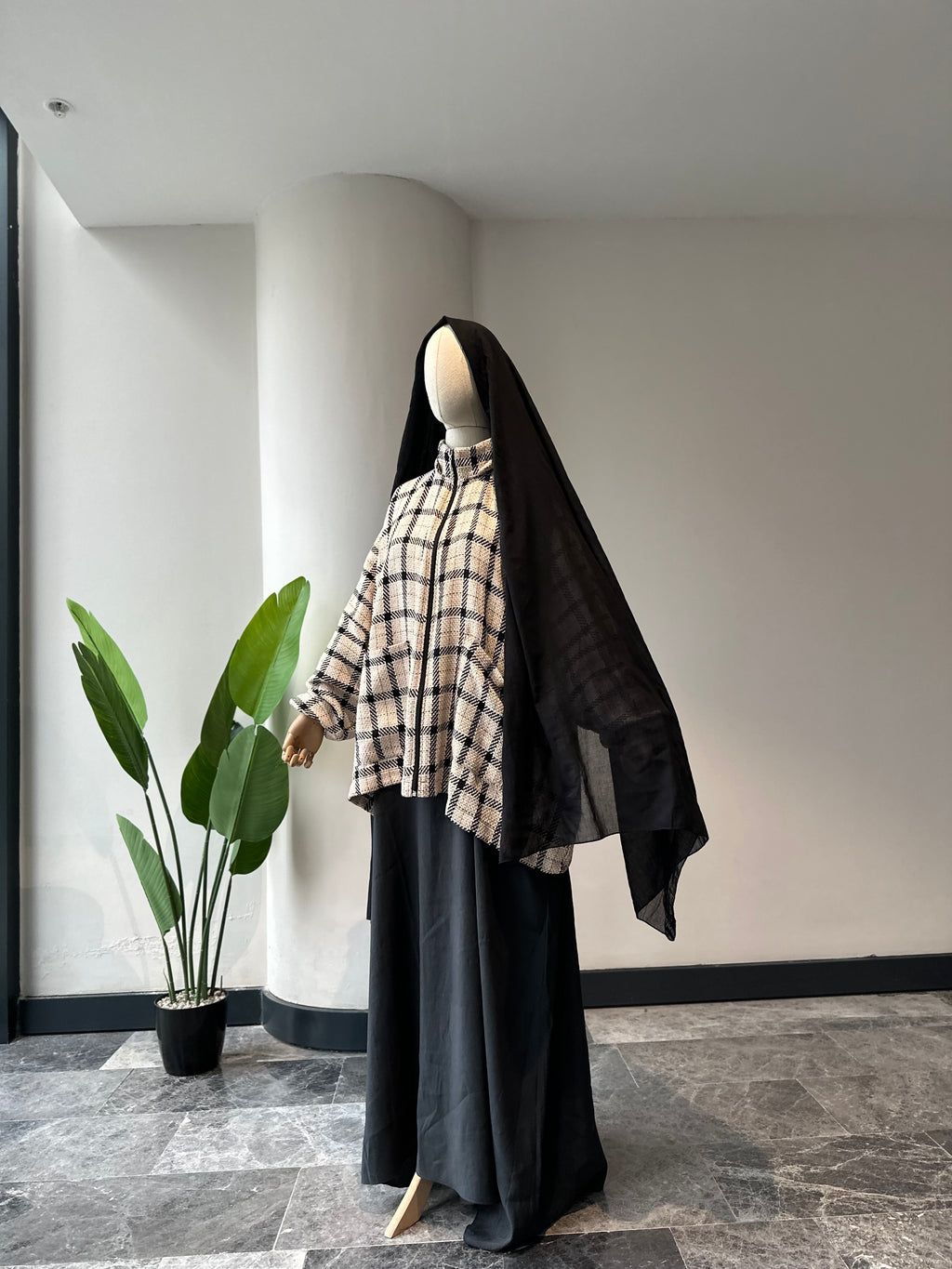 Bej ekose ceket panço - fermuarlı