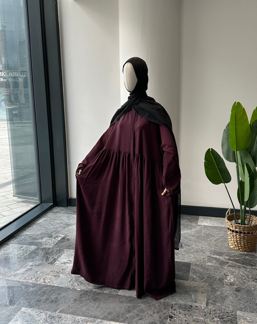 Tensel Kumaş/Robalı Mürdüm Ferace - Abaya kol
