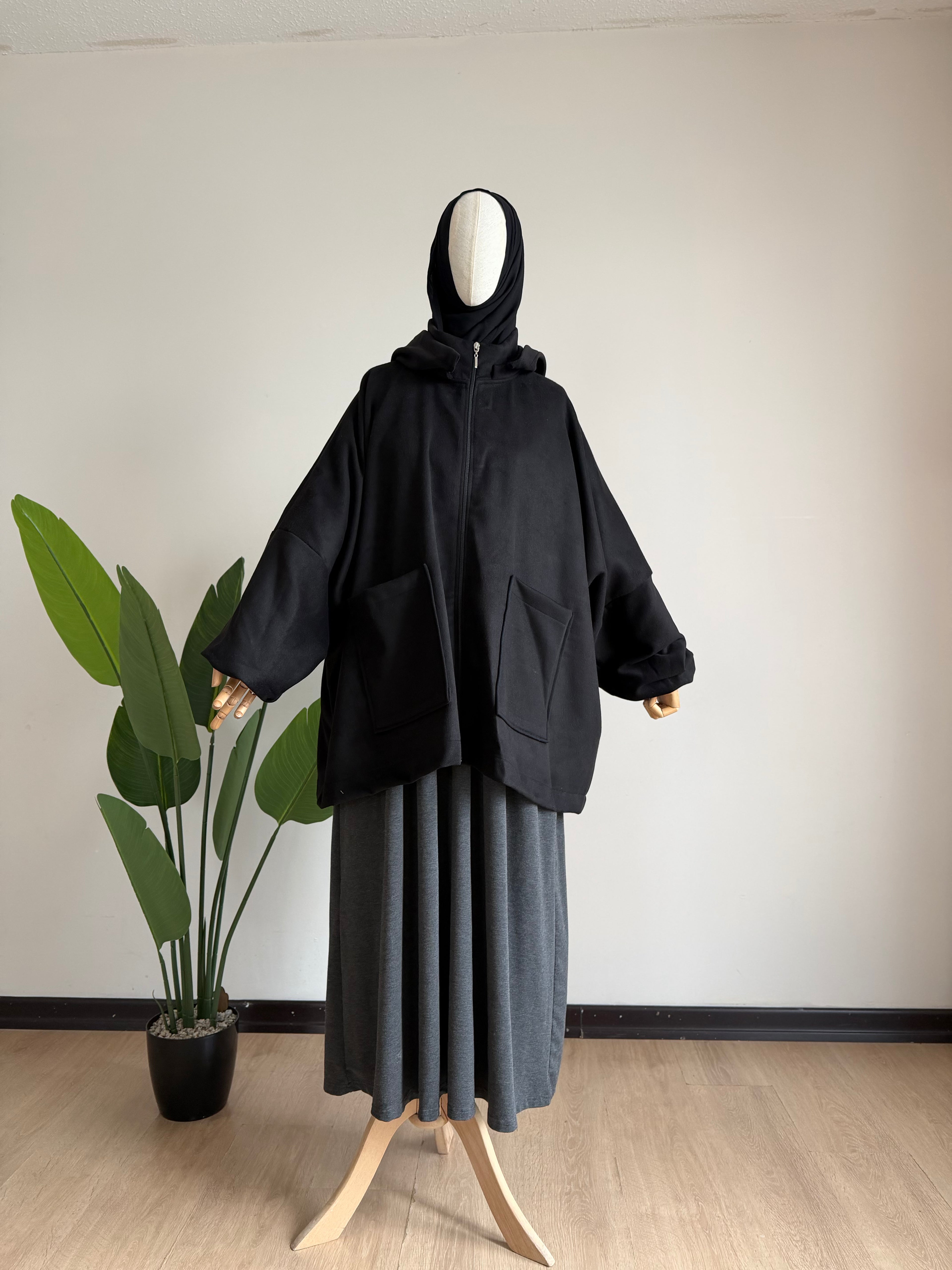 Kaşe ceket panço - siyah | fermuarlı