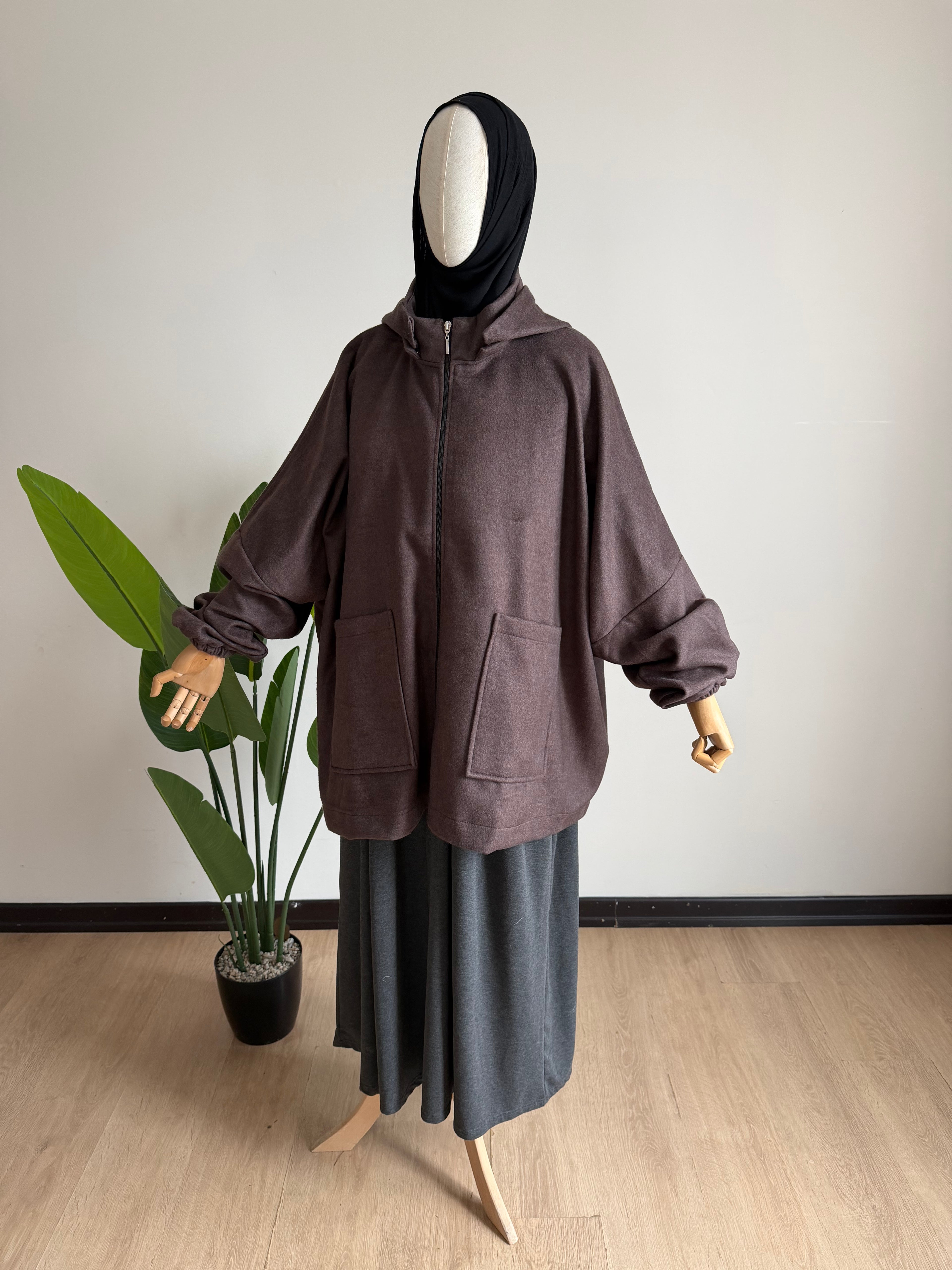 Kaşe ceket panço - koyu vizon | fermuarlı