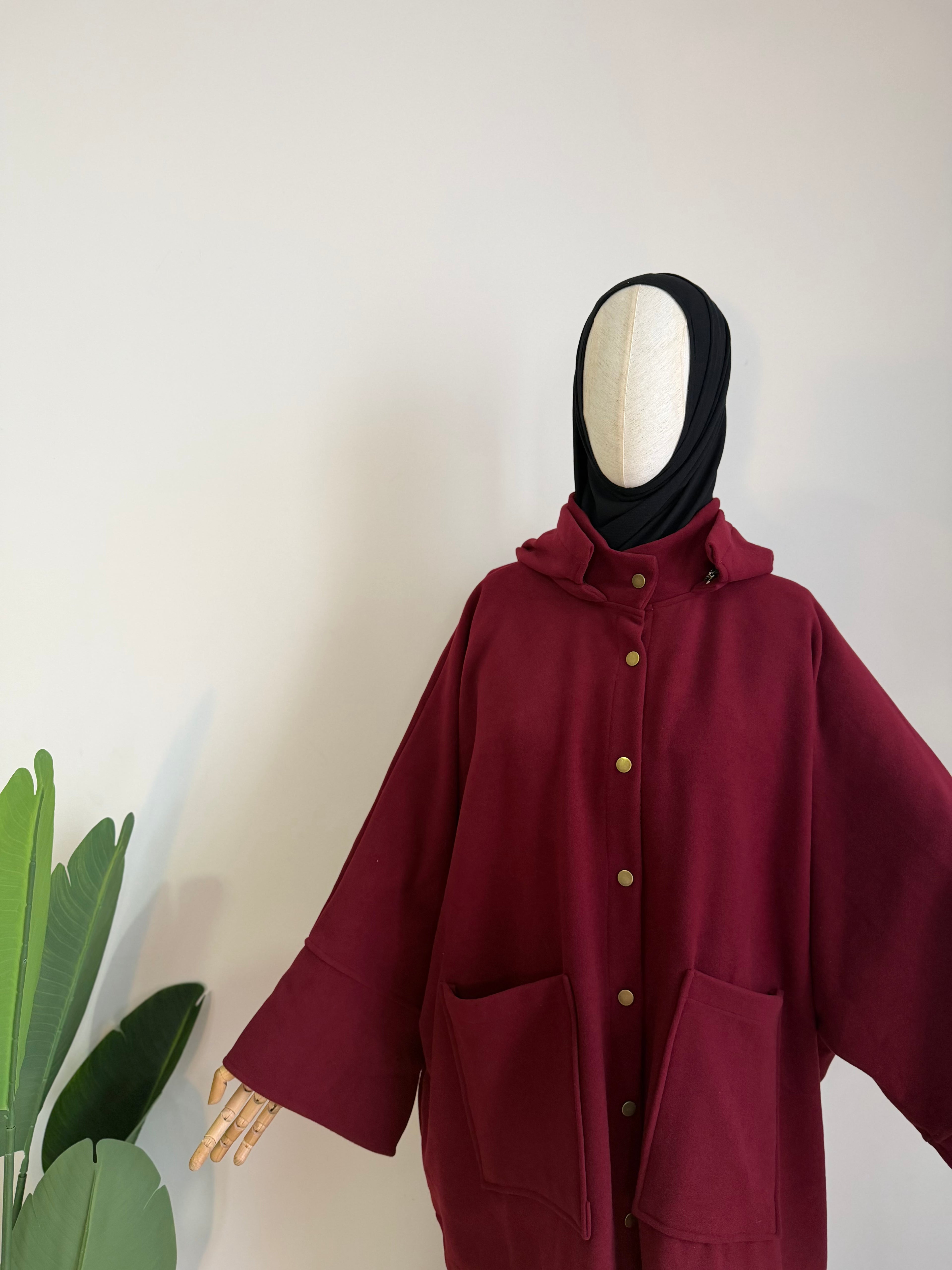 Kaşe ceket panço -  vişne  | çıtlı