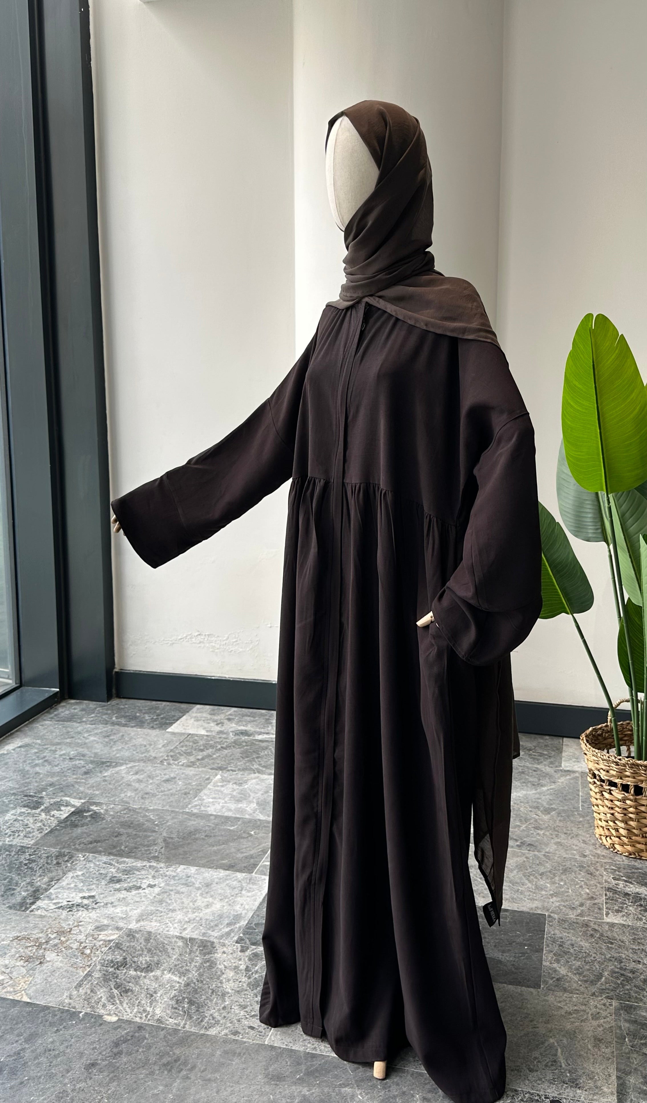 Tensel Kumaş/Robalı Acı Kahve Ferace - Abaya kol