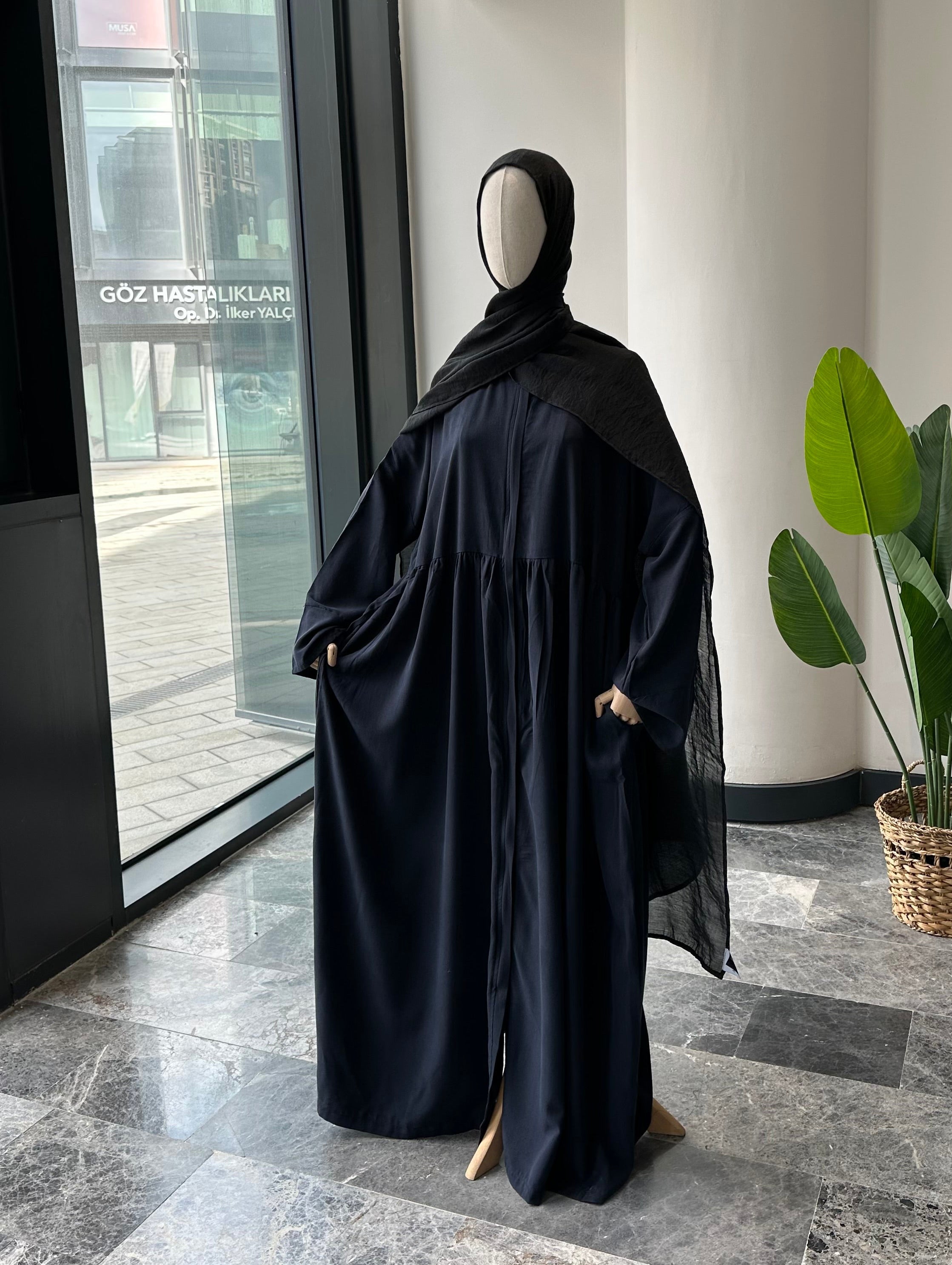 Tensel Kumaş/Robalı Lacivert Ferace - Abaya kol