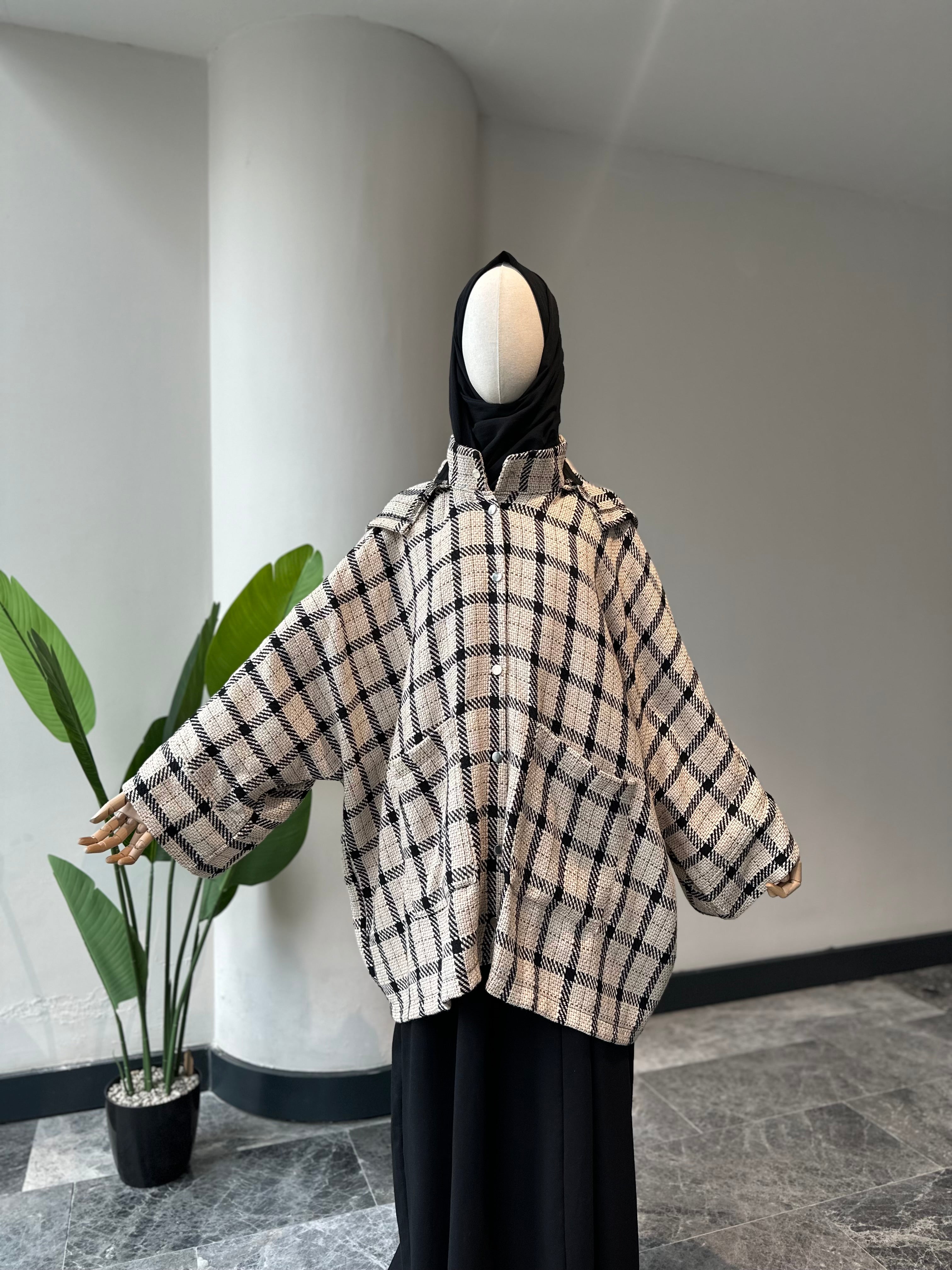 Bej ekose ceket panço - çıtlı