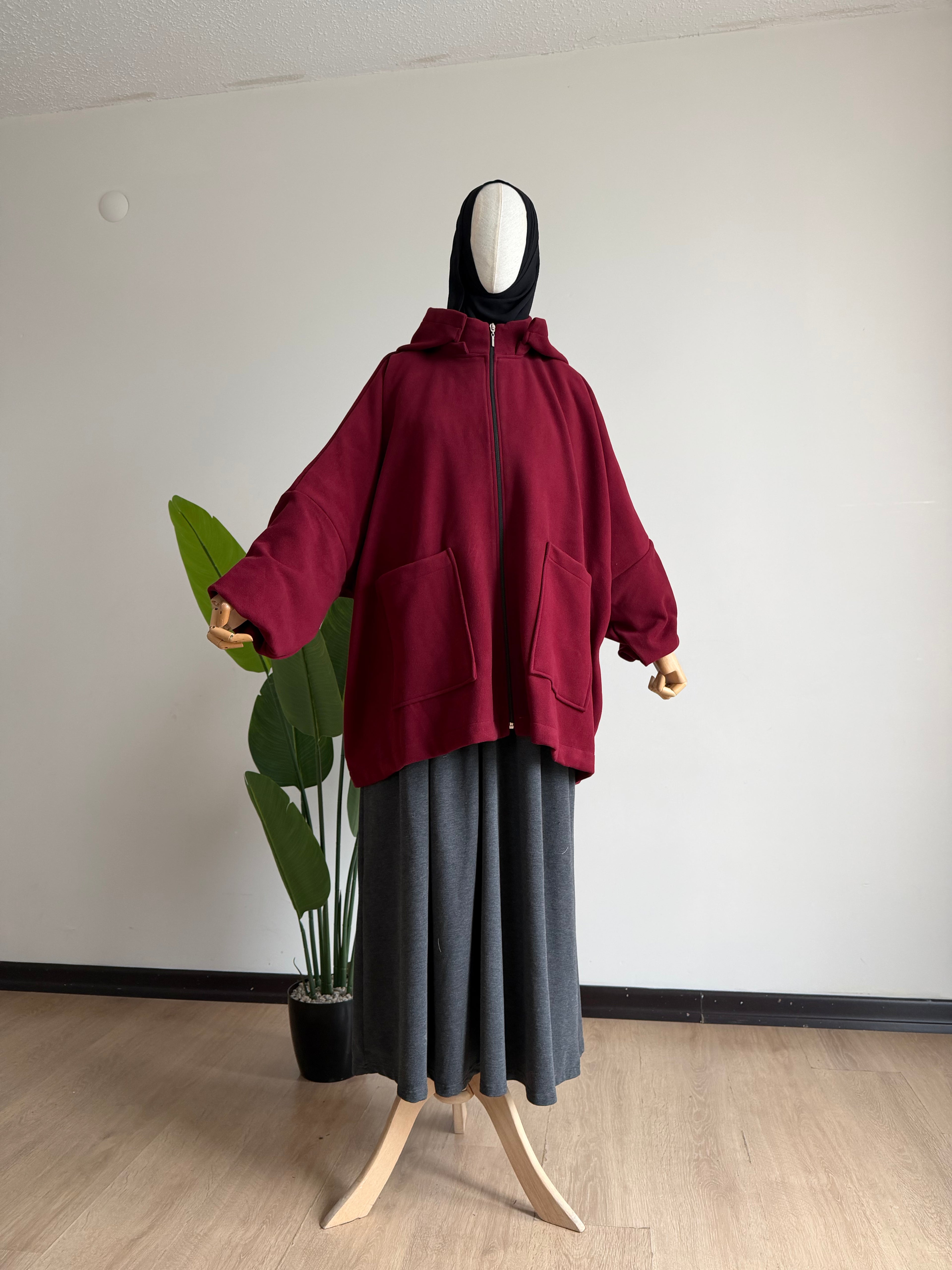 Kaşe ceket panço - vişne | fermuarlı