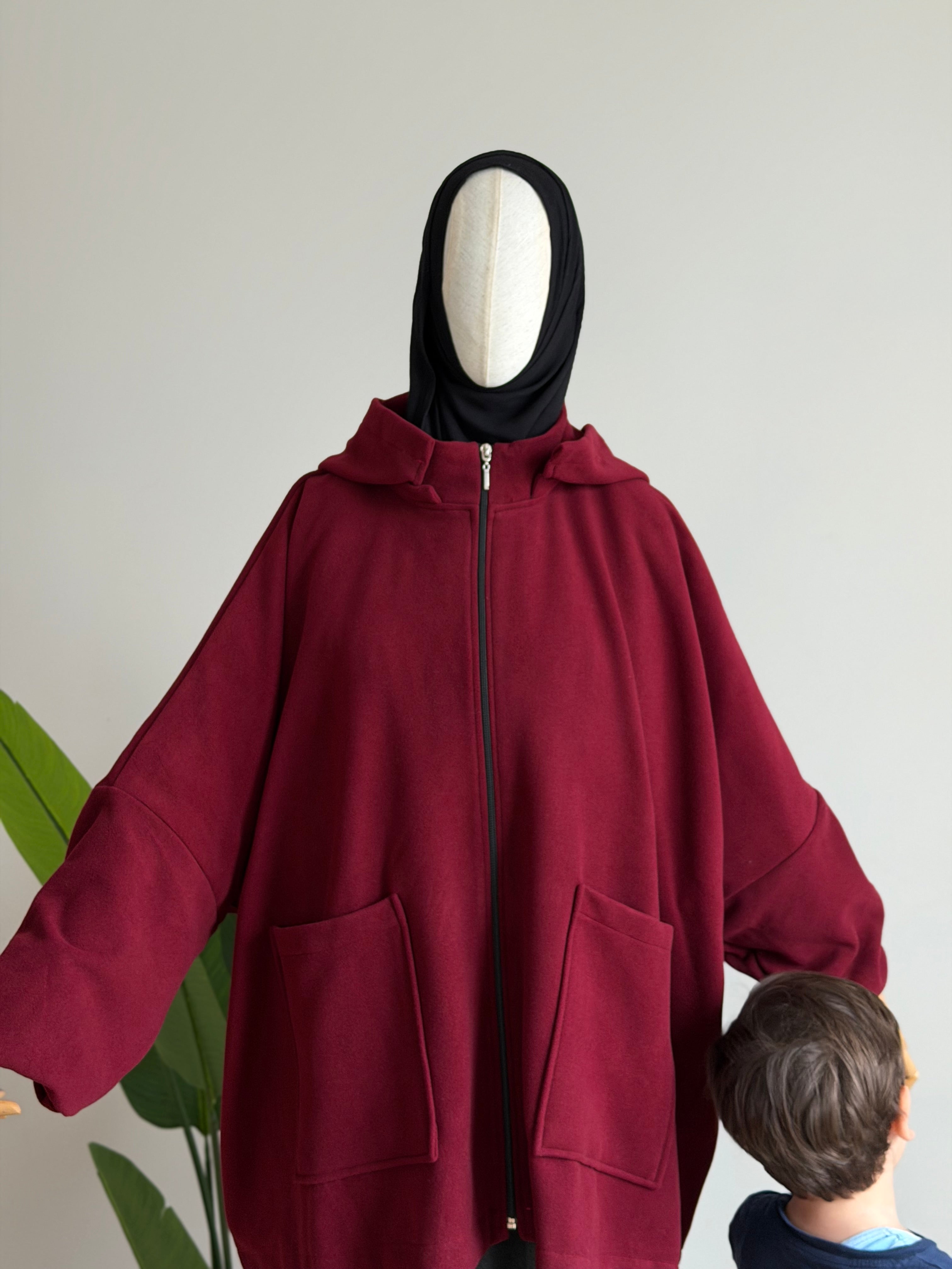 Kaşe ceket panço - vişne | fermuarlı