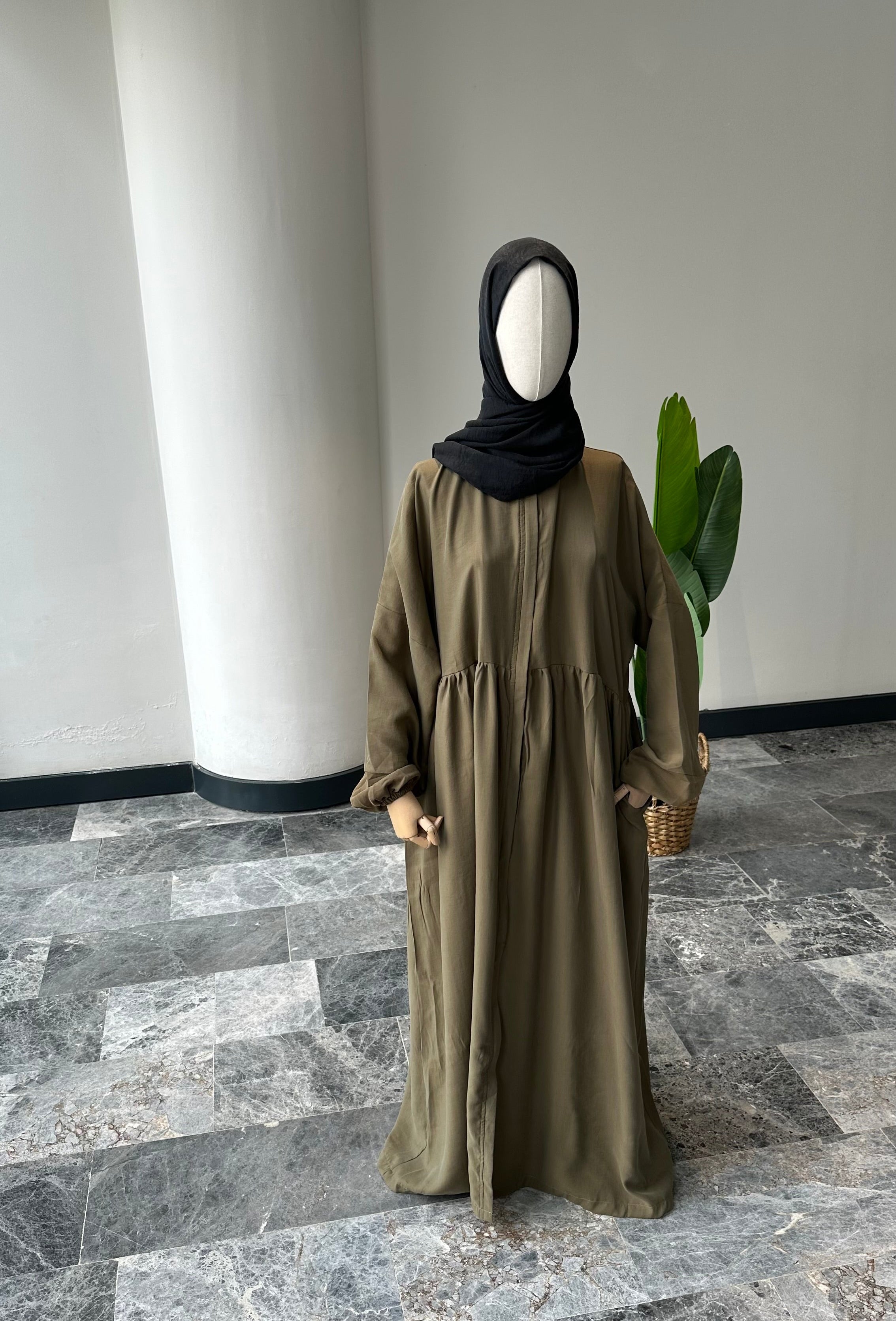 Tensel Kumaş/Robalı Haki Ferace - Lastik kol