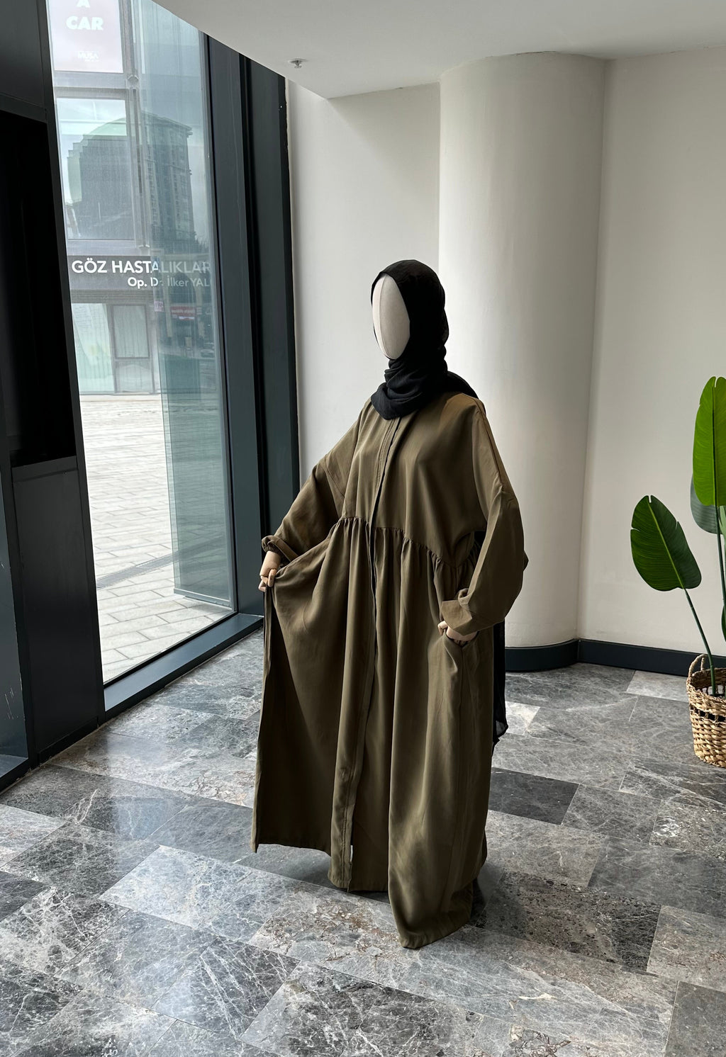 Tensel Kumaş/Robalı Haki Ferace - Lastik kol