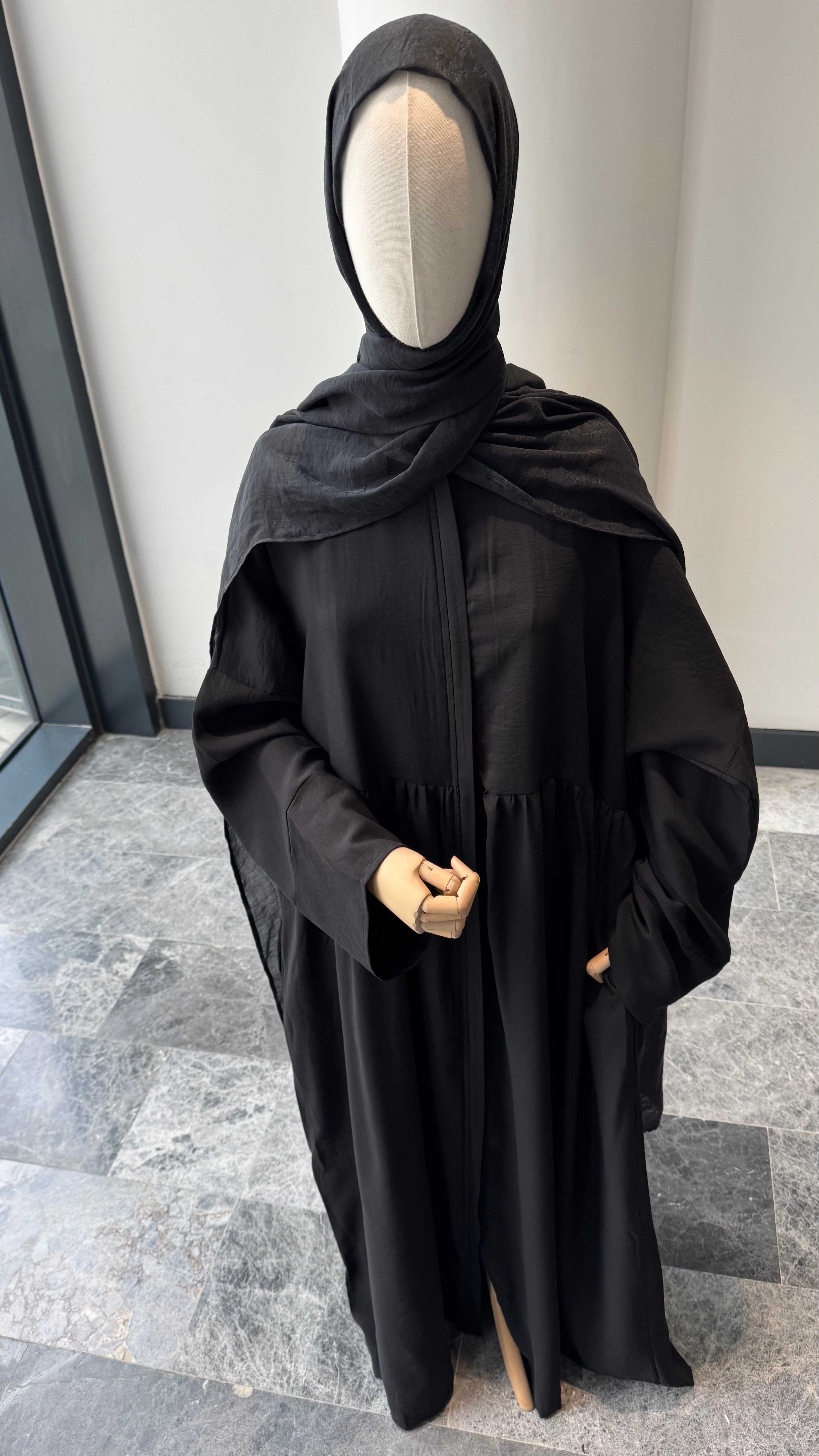 Tensel Kumaş/Robalı Siyah Ferace - Abaya kol