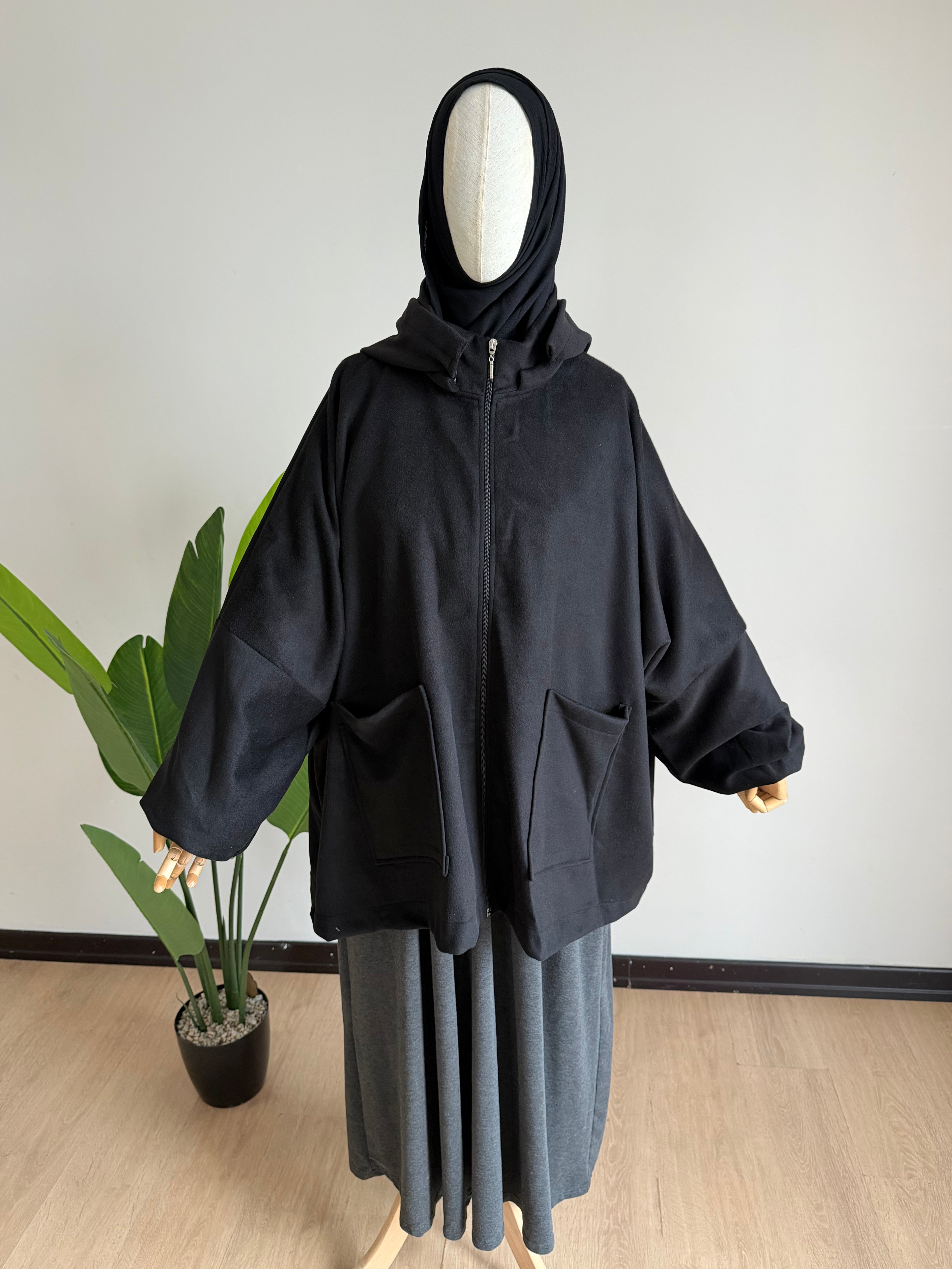 Kaşe ceket panço - siyah | fermuarlı