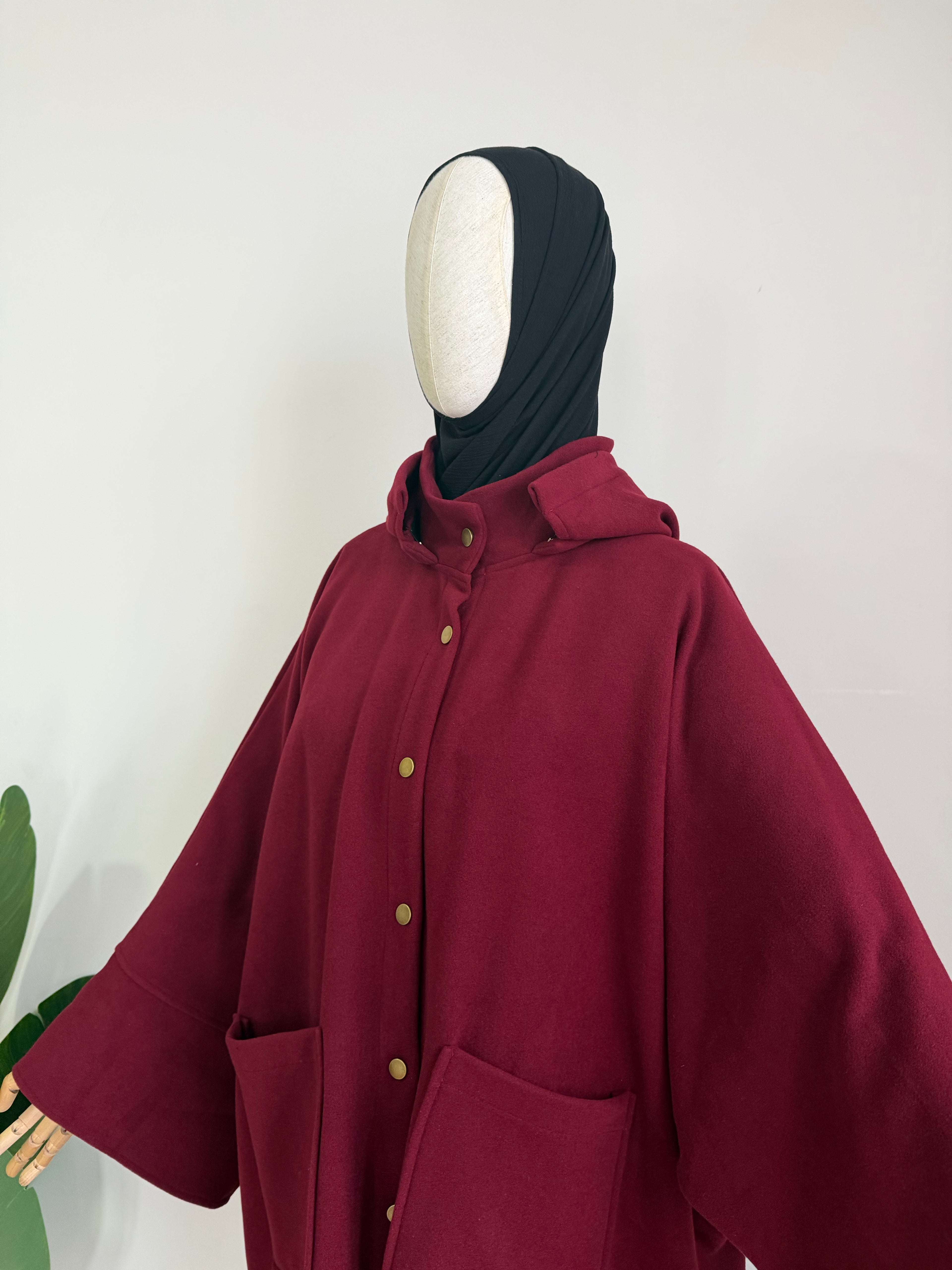 Kaşe ceket panço -  vişne  | çıtlı