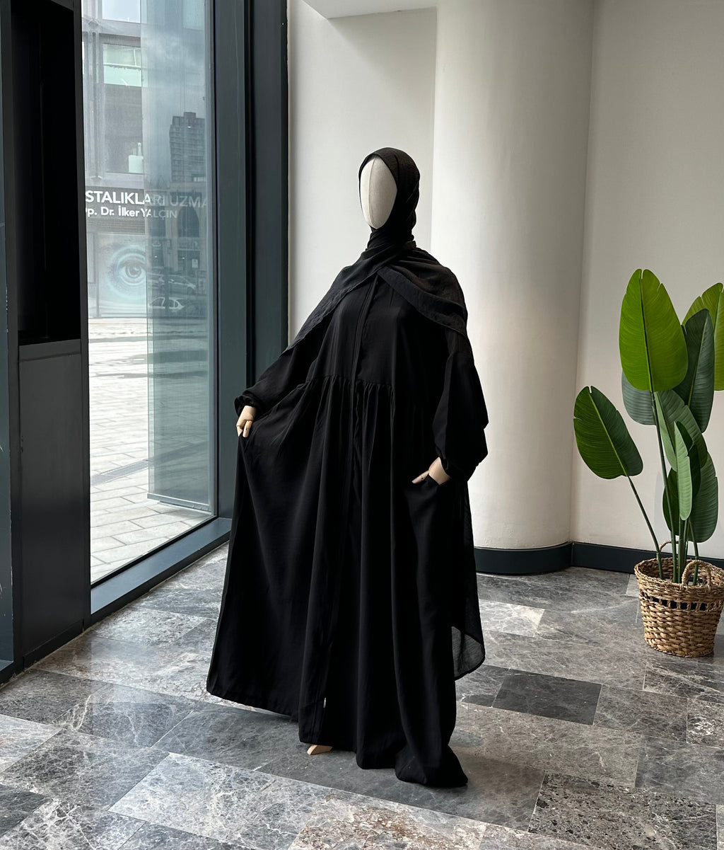 Tensel Kumaş/Robalı Siyah Ferace - Lastik kol