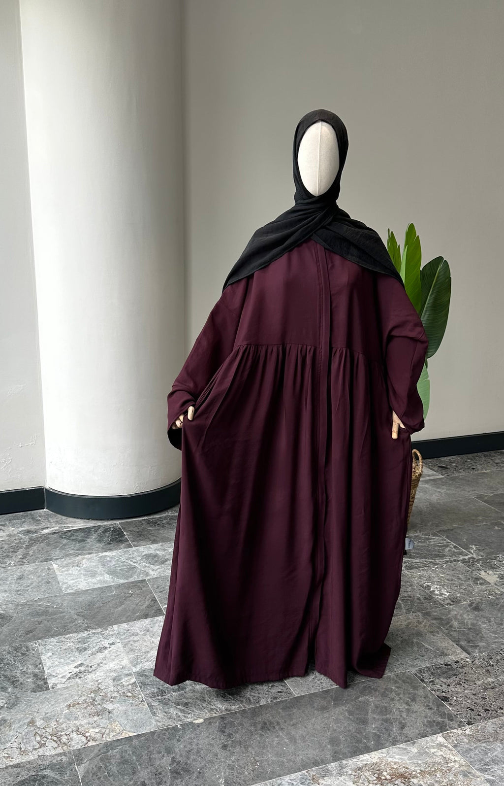 Tensel Kumaş/Robalı Mürdüm Ferace - Abaya kol