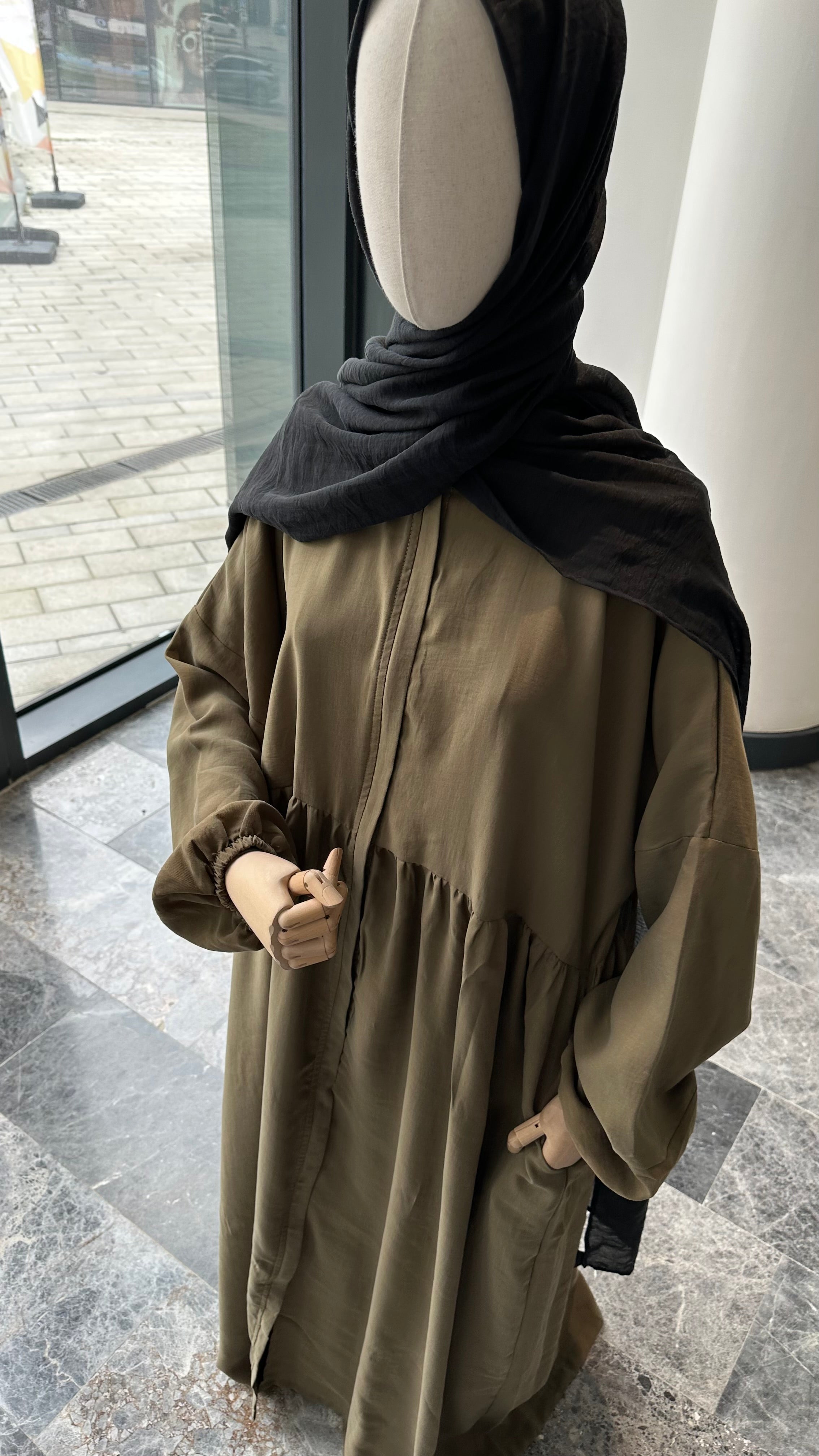 Tensel Kumaş/Robalı Haki Ferace - Lastik kol