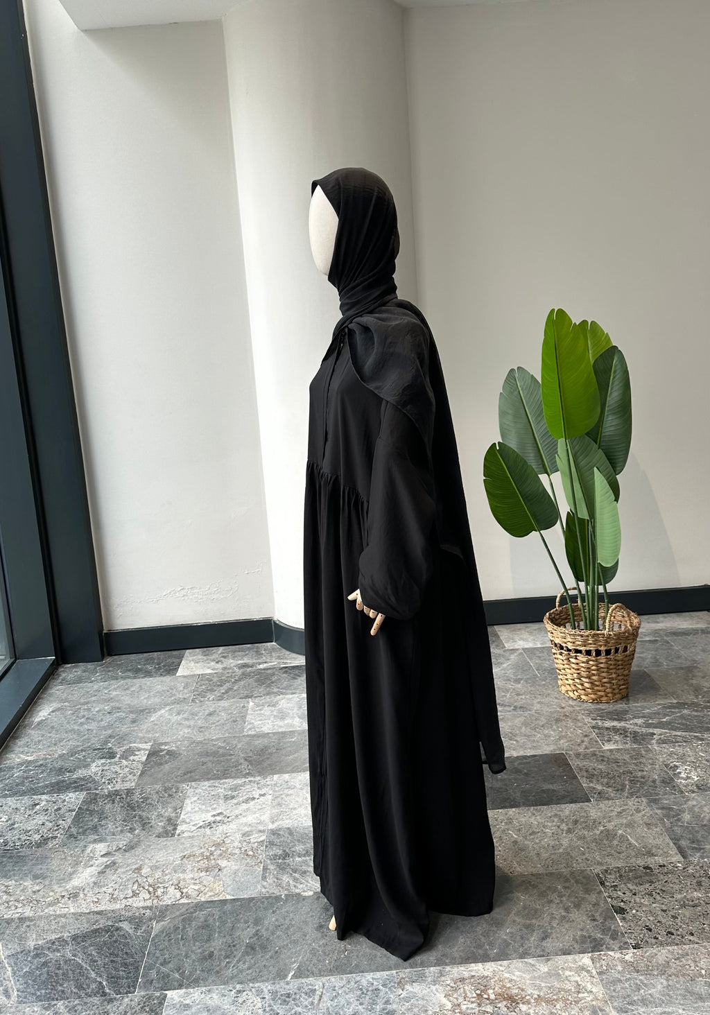 Tensel Kumaş/Robalı Siyah Ferace - Lastik kol