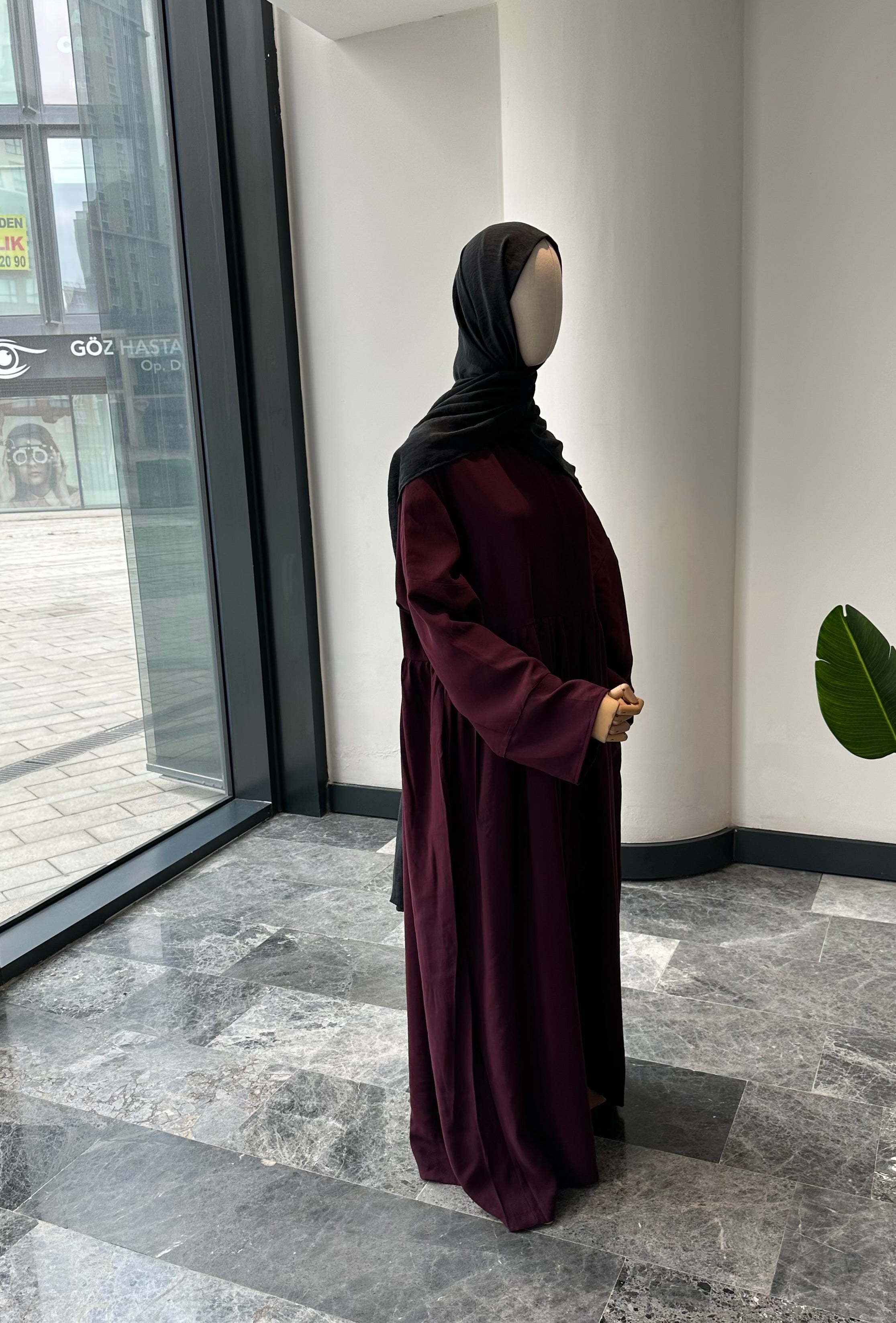 Tensel Kumaş/Robalı Mürdüm Ferace - Abaya kol