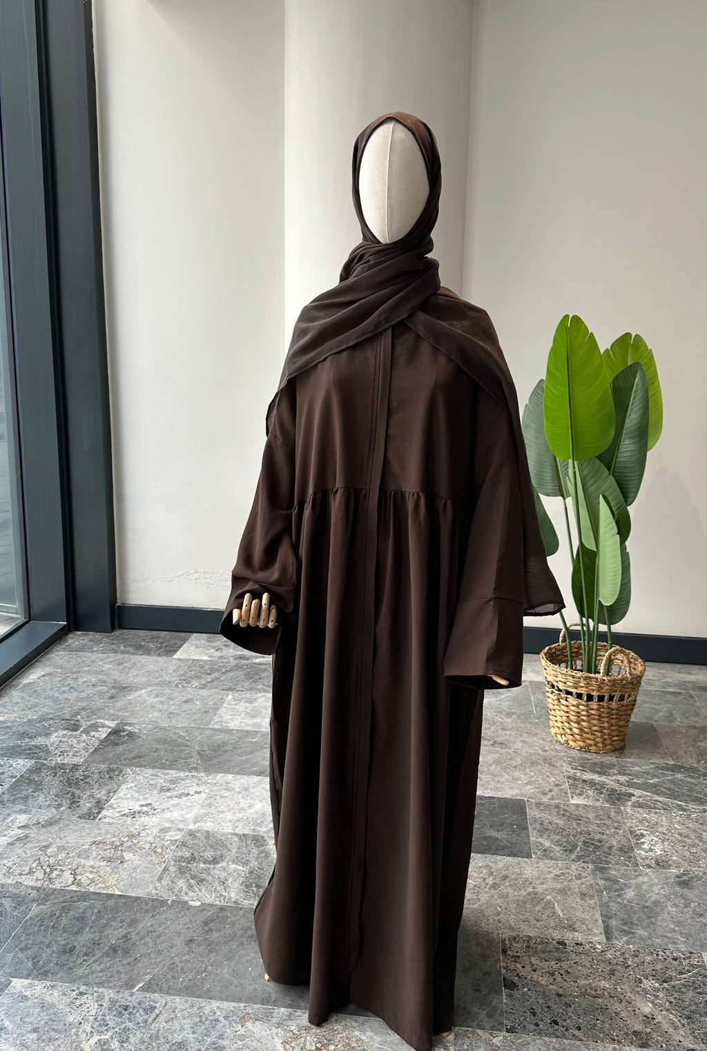 Tensel Kumaş/Robalı Kahve Ferace - Abaya kol