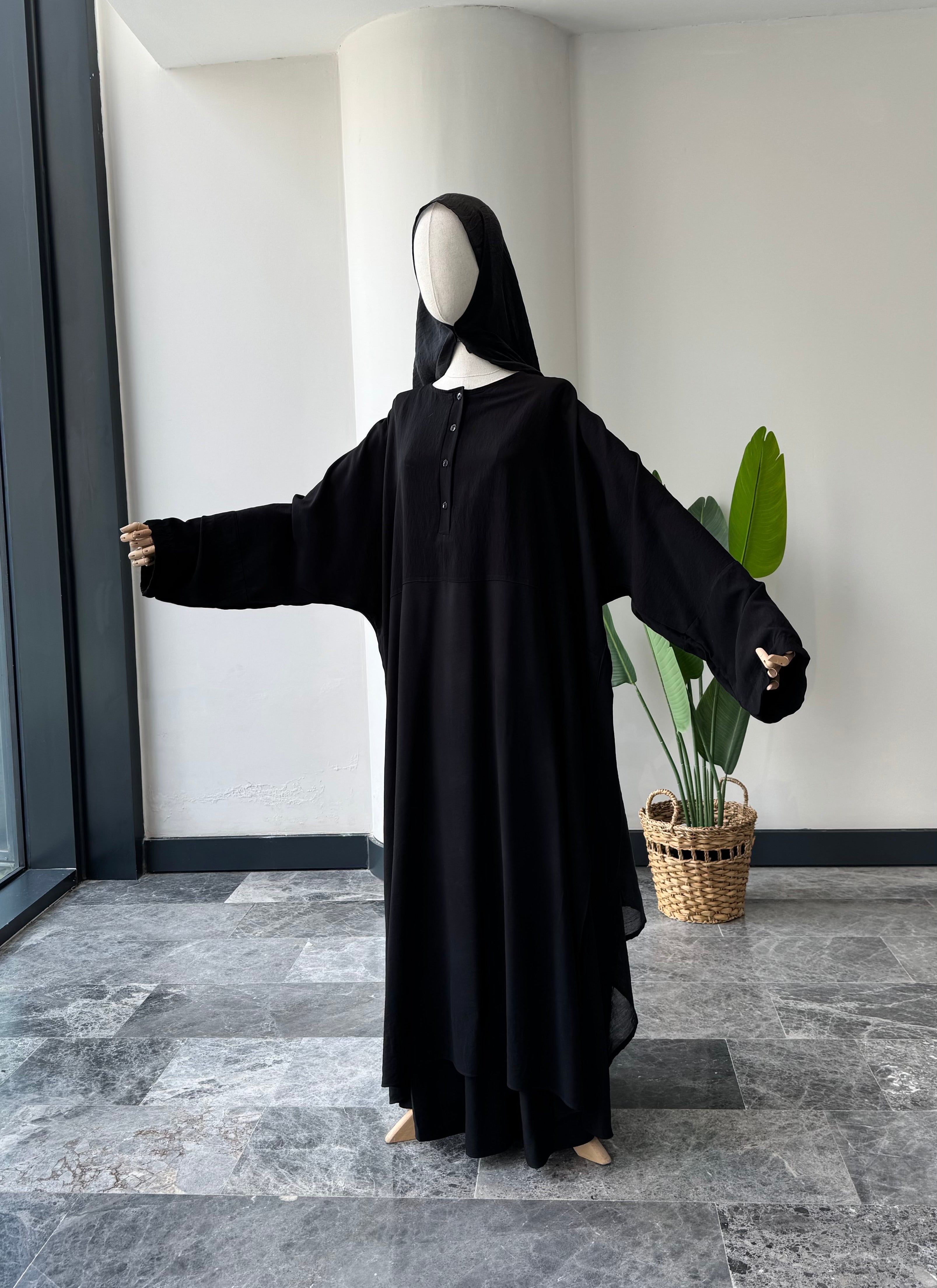 Hesna cilbab Takım/Düz Siyah-Abaya kol