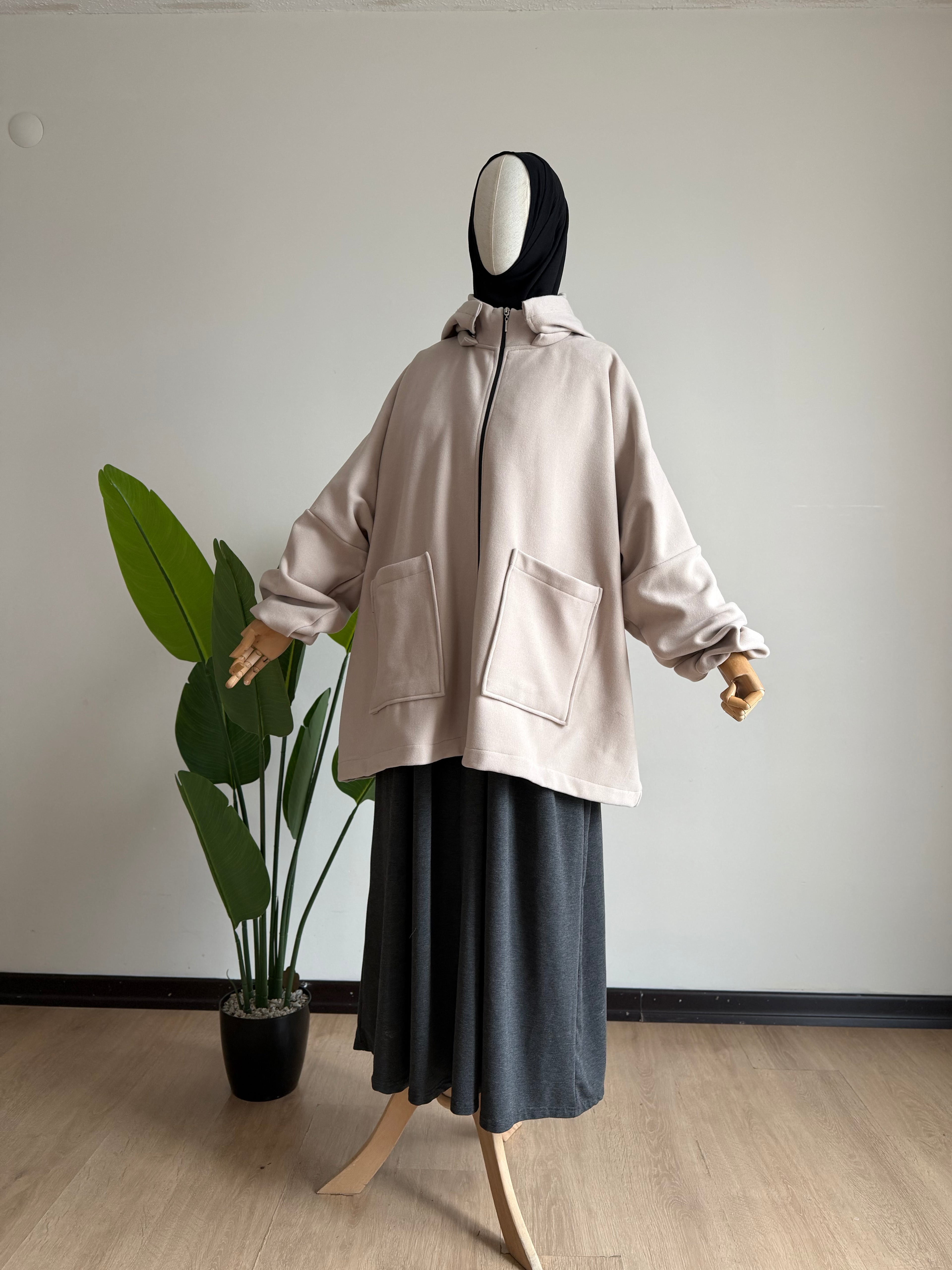 Kaşe ceket panço - bej  | fermuarlı