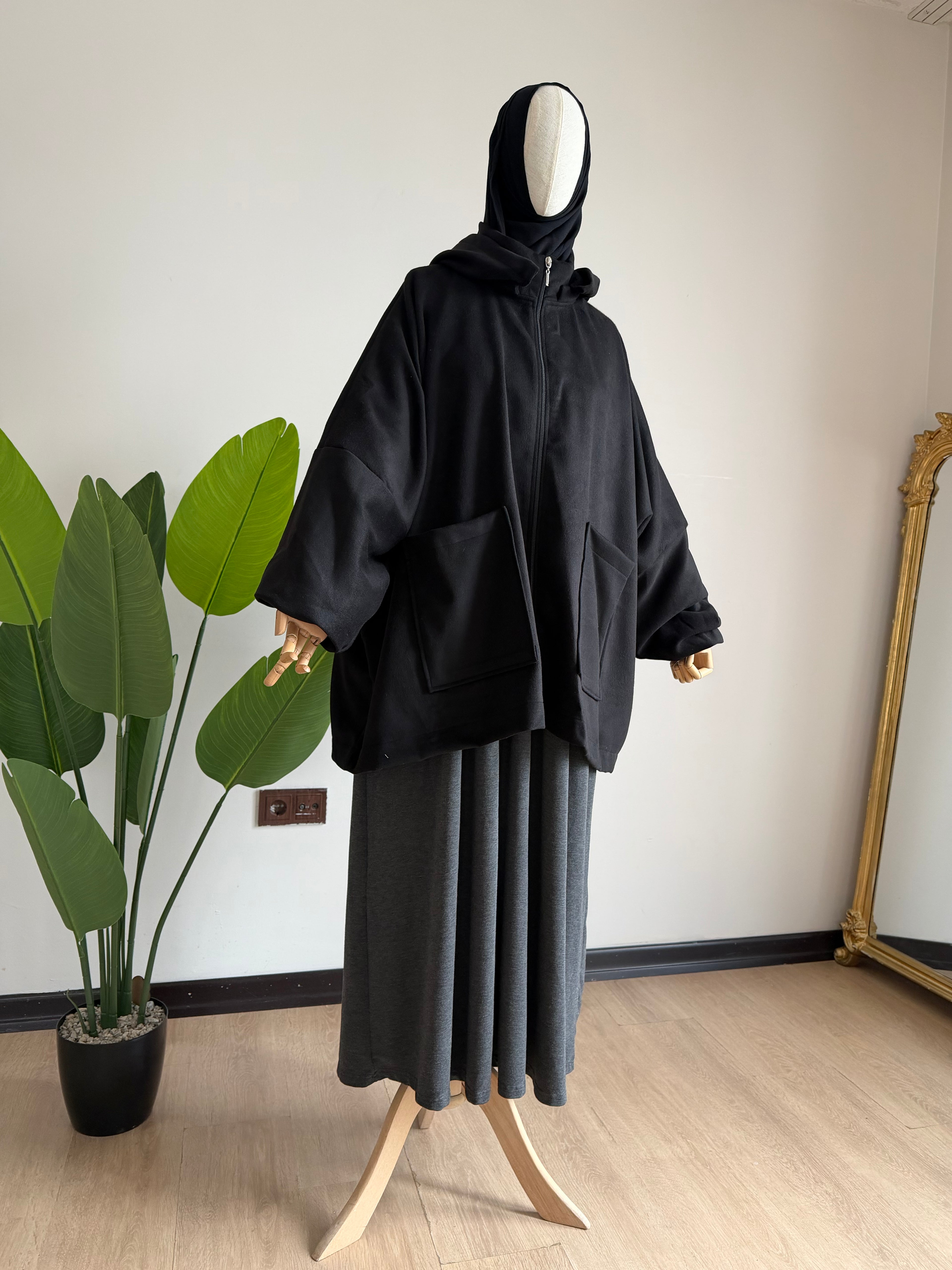 Kaşe ceket panço - siyah | fermuarlı