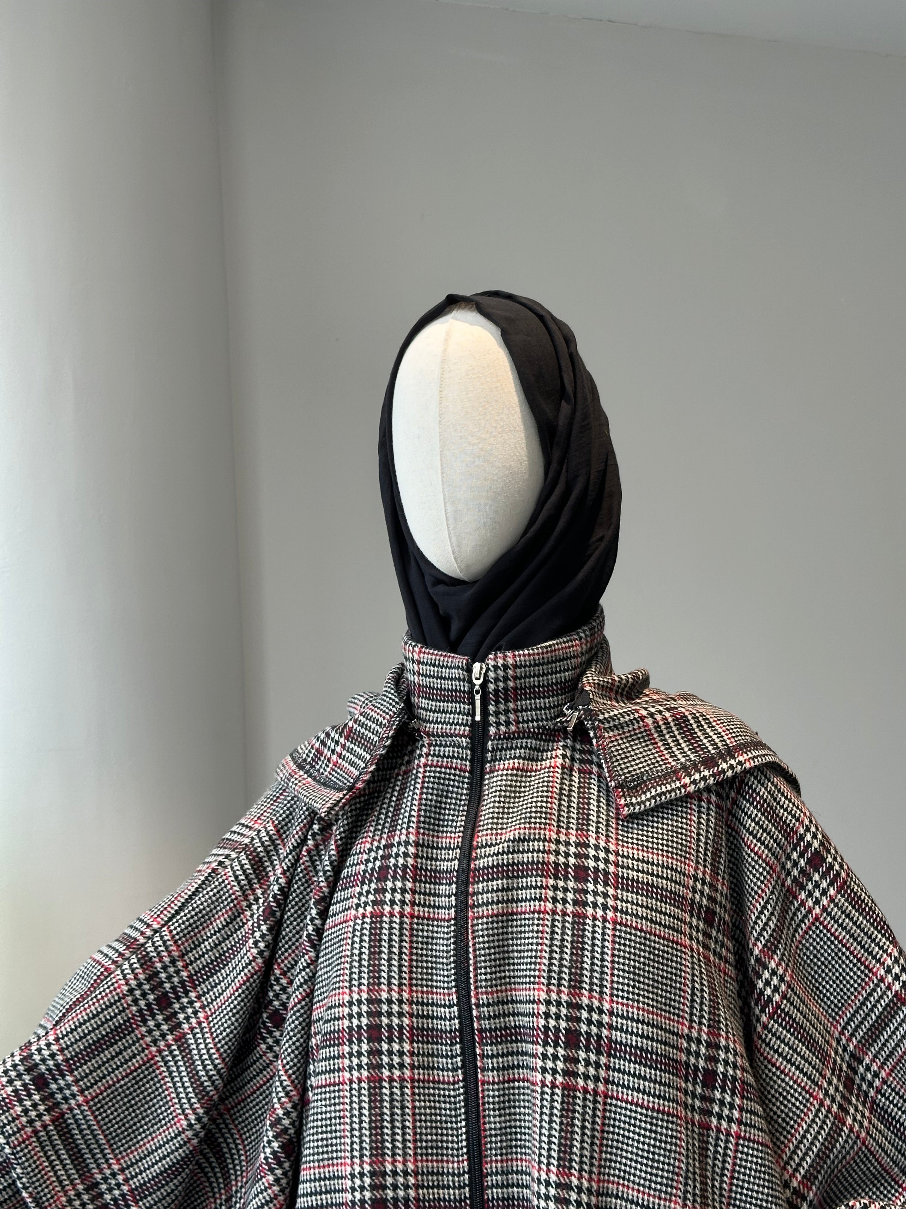 Kahve ekose ceket panço - fermuarlı