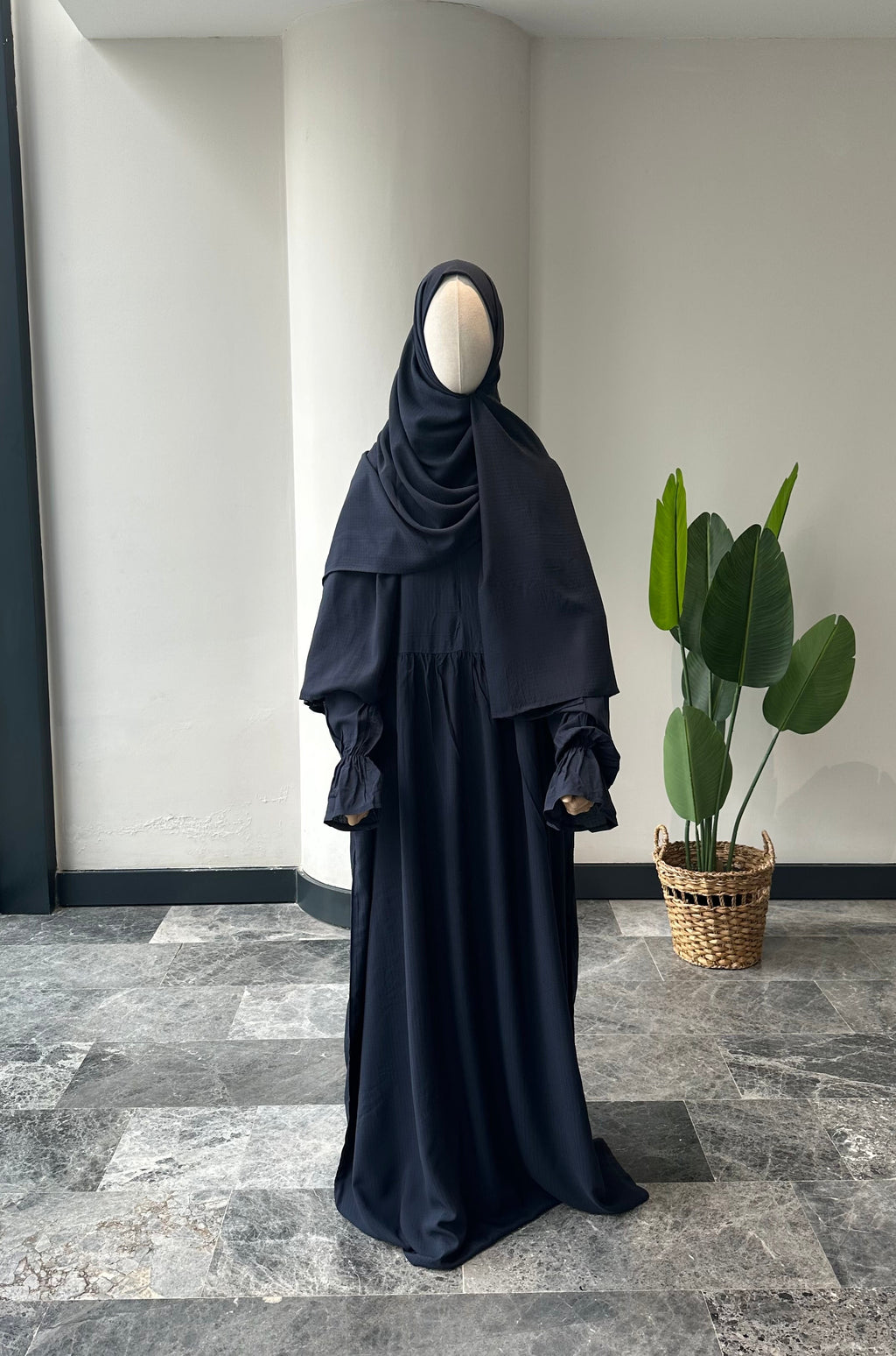 Soft Pamuk Jakar Kendinden Şallı ibadet Elbisesi - Lacivert