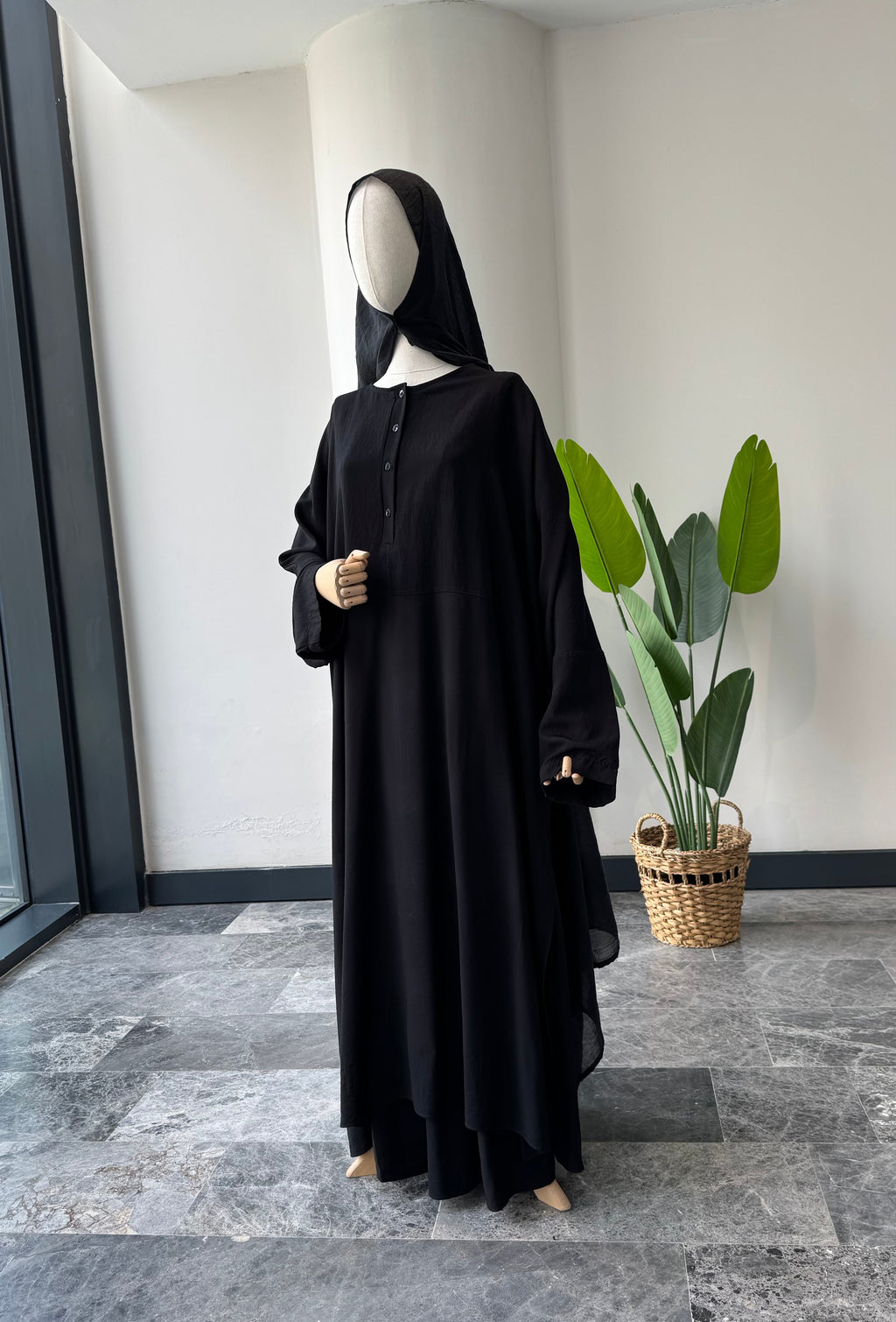 Hesna cilbab Takım/Düz Siyah-Abaya kol