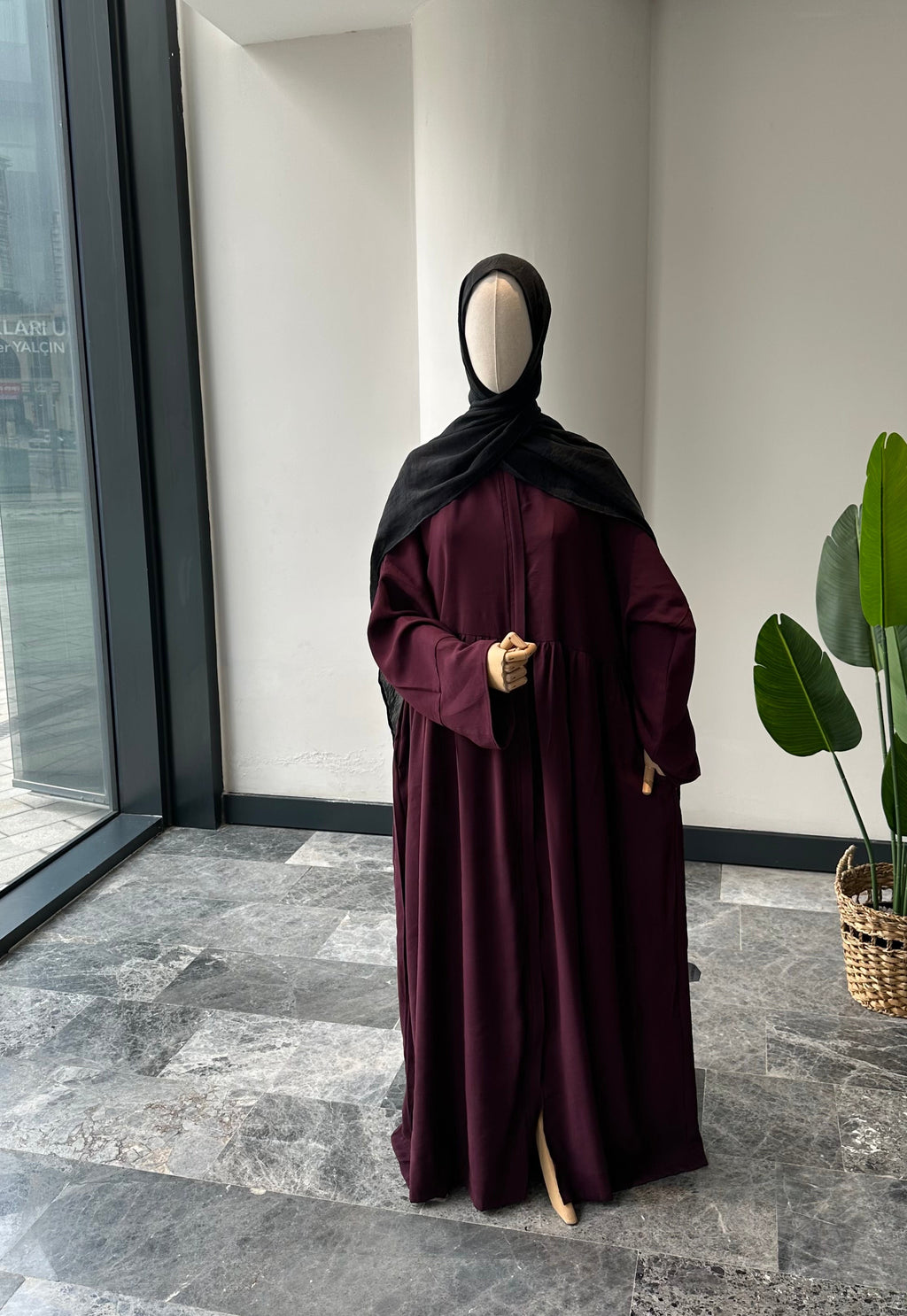 Tensel Kumaş/Robalı Mürdüm Ferace - Abaya kol