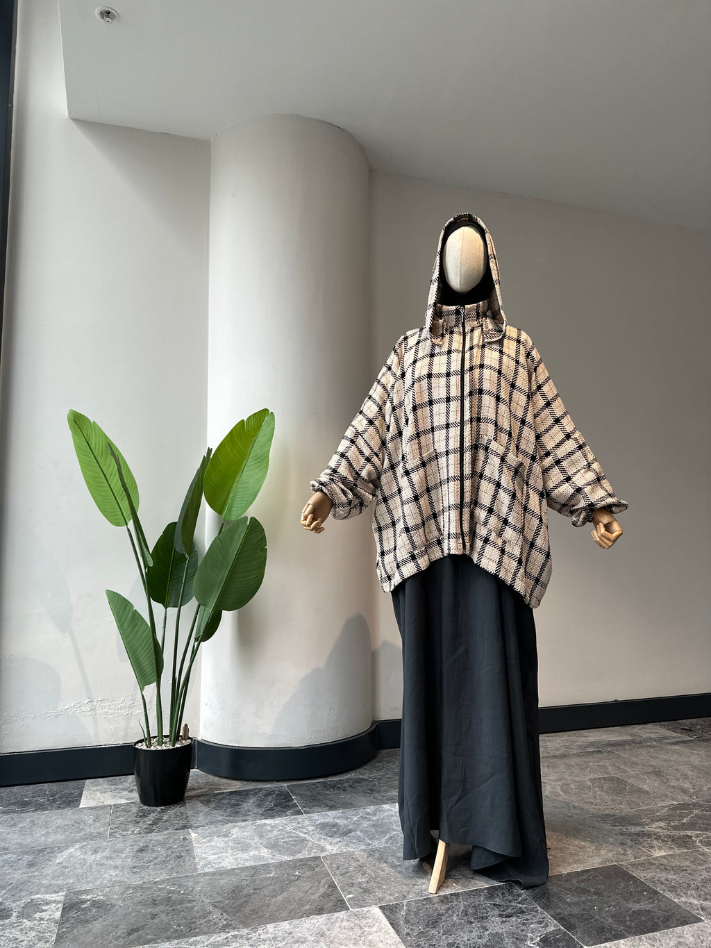 Bej ekose ceket panço - fermuarlı