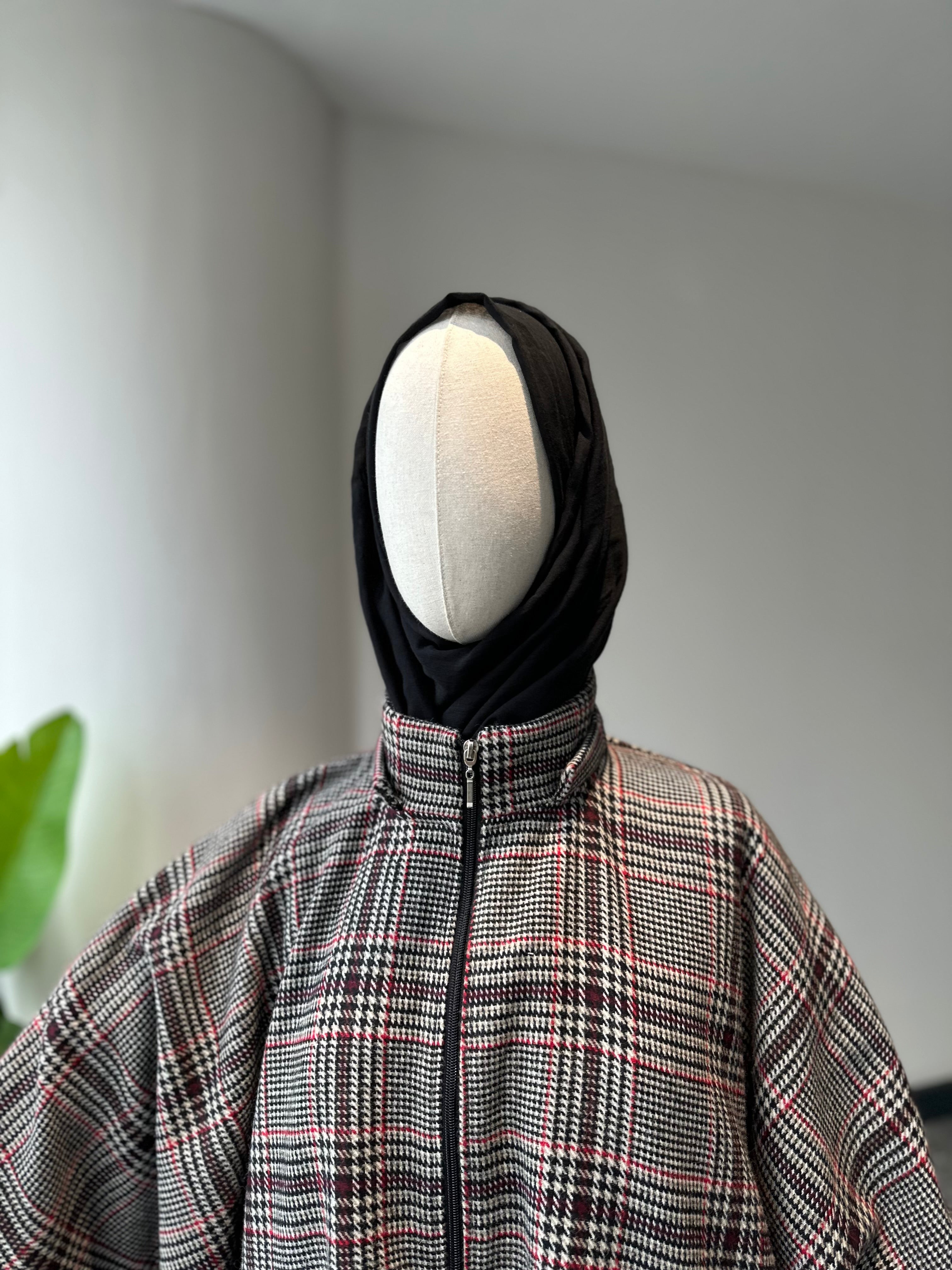 Kahve ekose ceket panço - fermuarlı