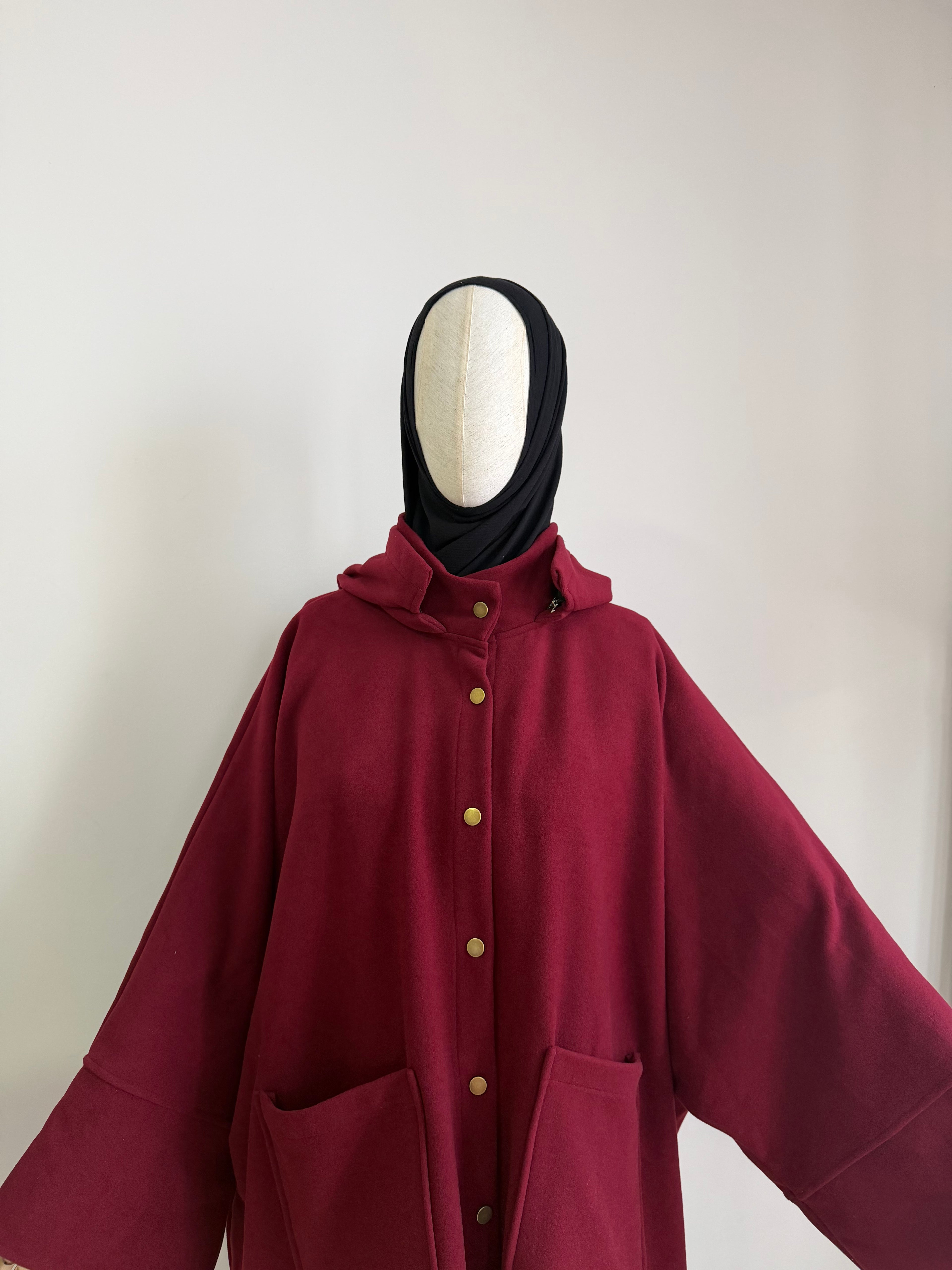 Kaşe ceket panço -  vişne  | çıtlı