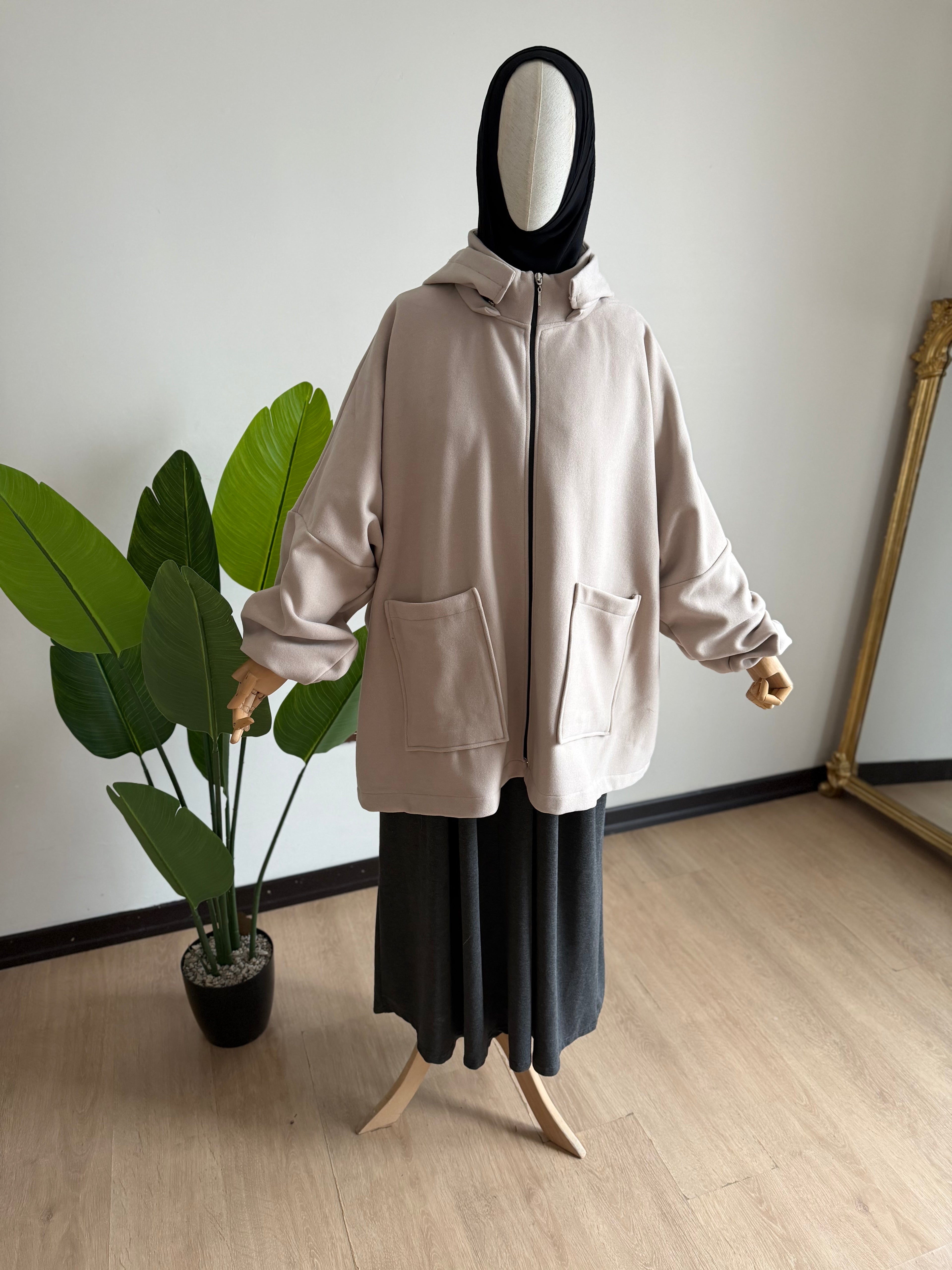 Kaşe ceket panço - bej  | fermuarlı