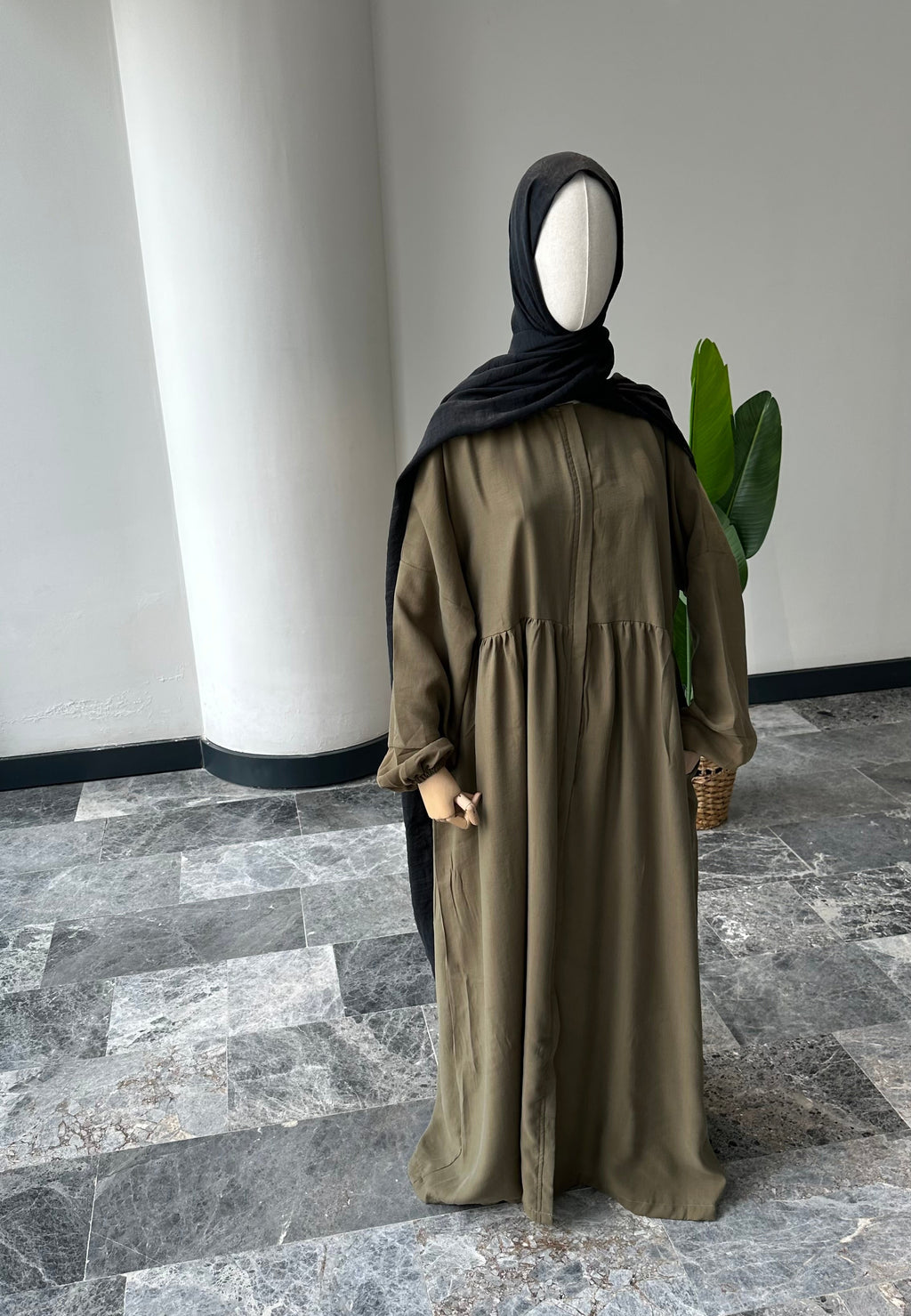 Tensel Kumaş/Robalı Haki Ferace - Lastik kol