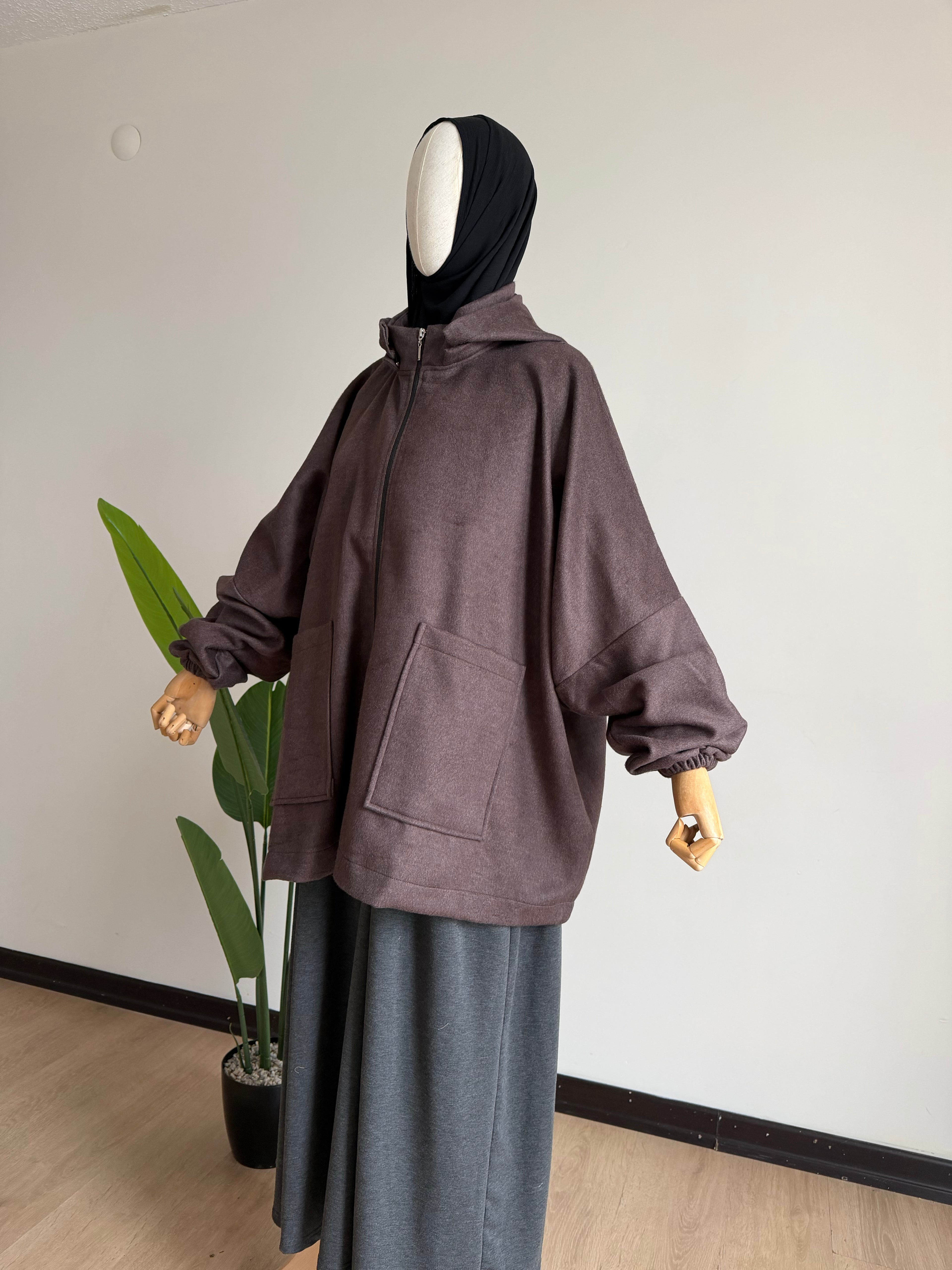 Kaşe ceket panço - koyu vizon | fermuarlı