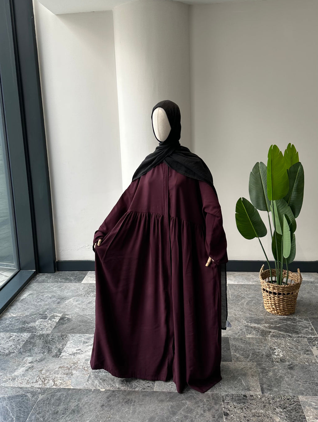 Tensel Kumaş/Robalı Mürdüm Ferace - Abaya kol