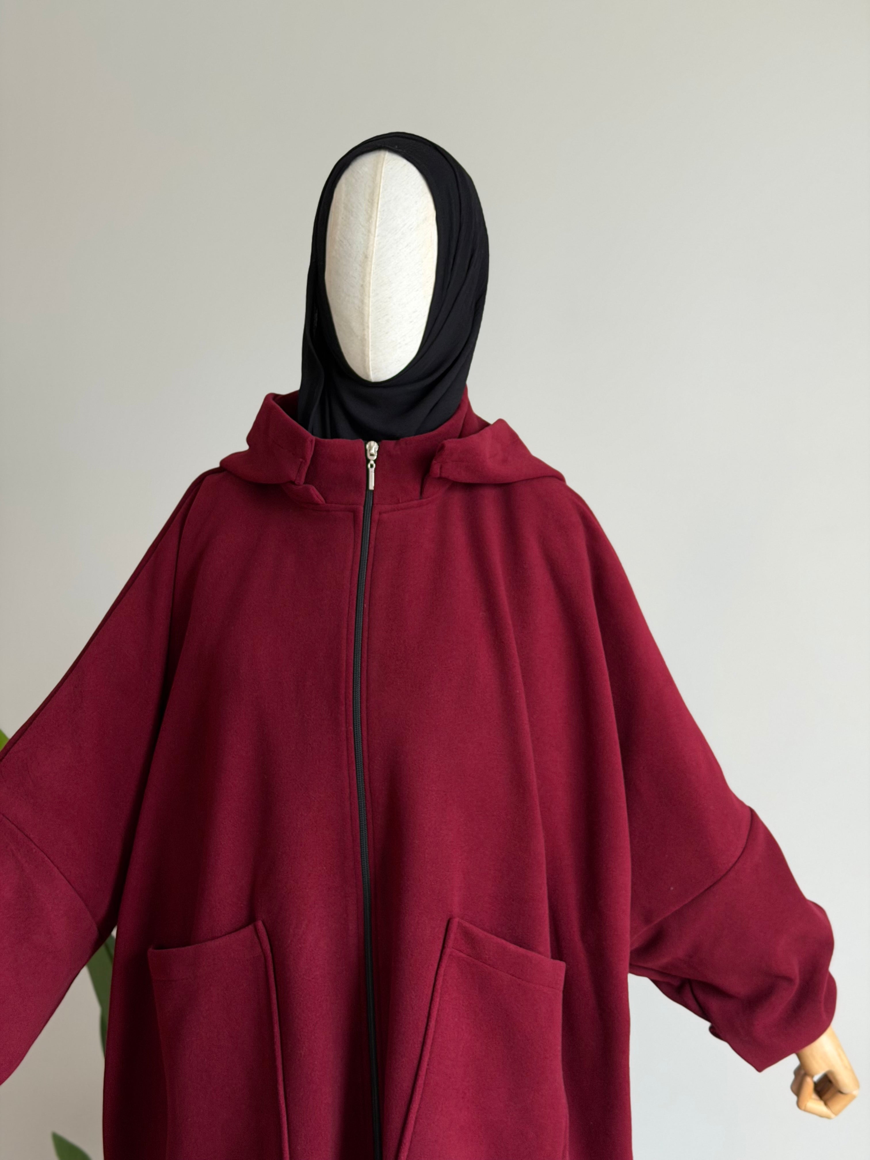 Kaşe ceket panço - vişne | fermuarlı