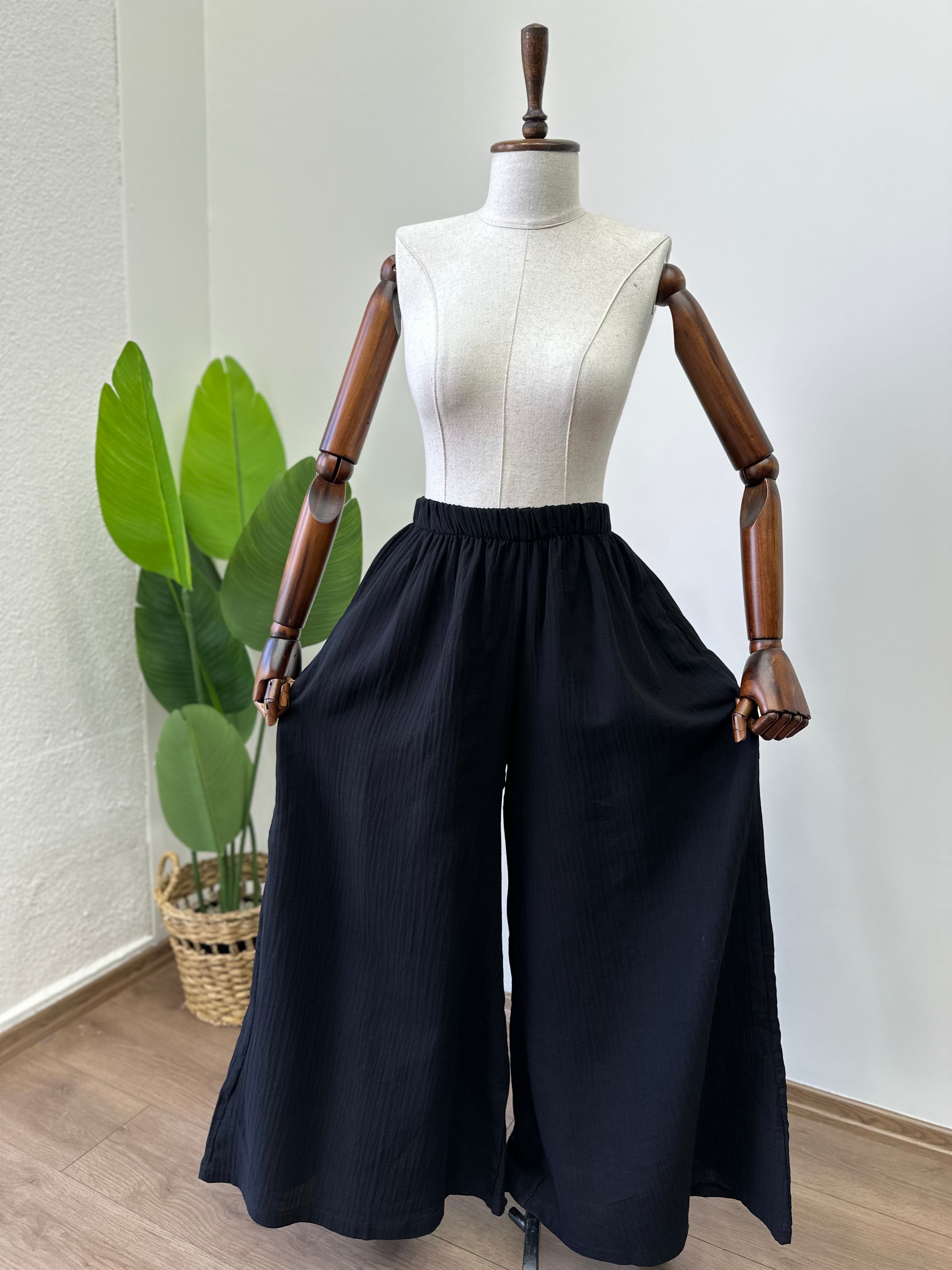 Müslin Siyah/Bol Paça-Pantolon