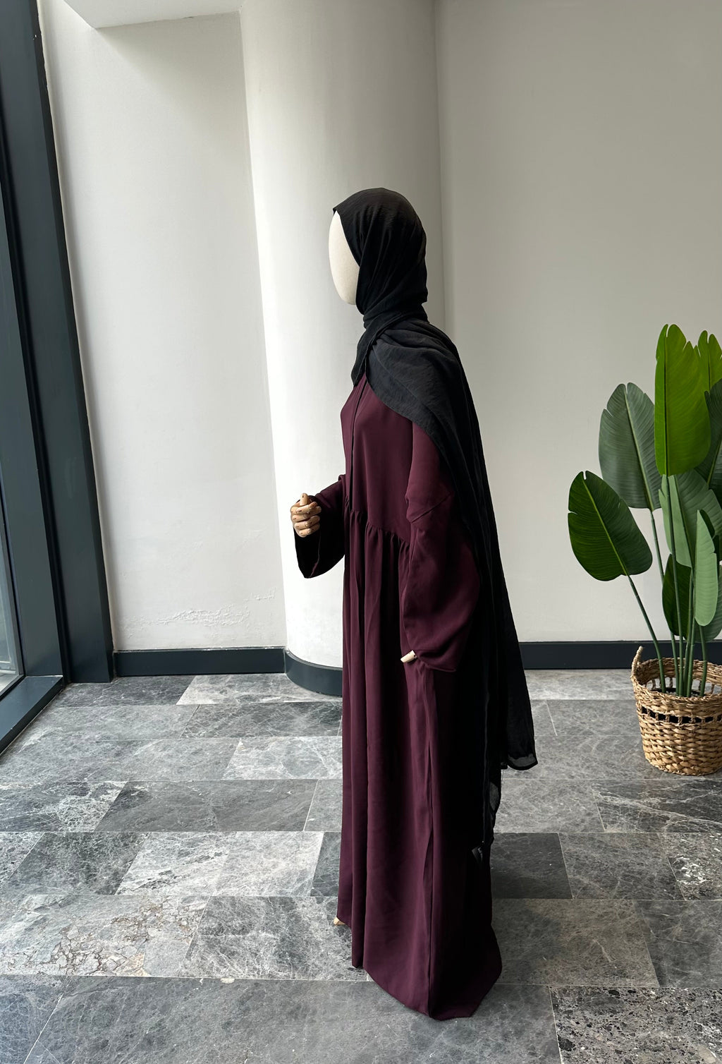 Tensel Kumaş/Robalı Mürdüm Ferace - Abaya kol