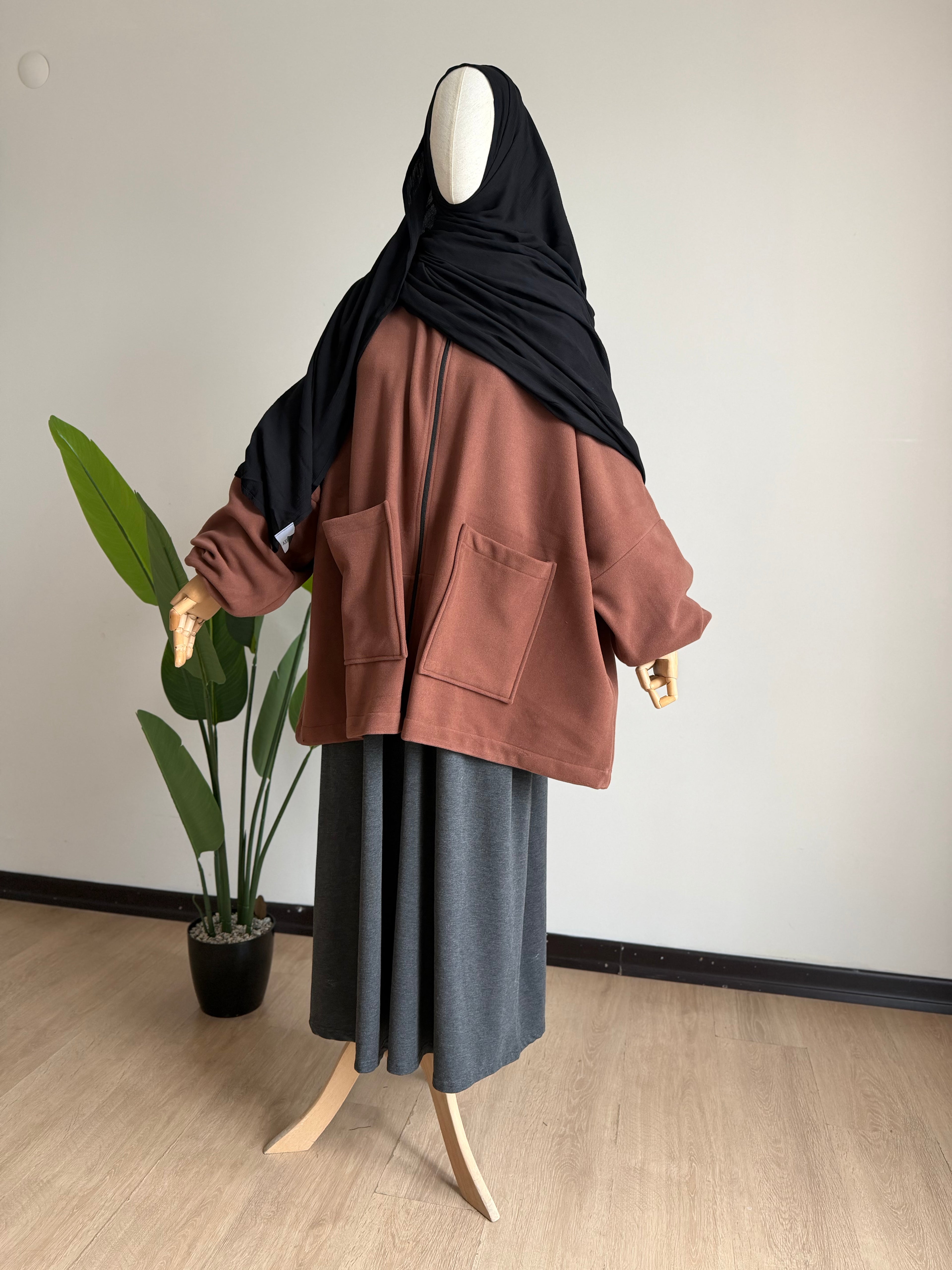 Kaşe ceket panço - kahve| fermuarlı