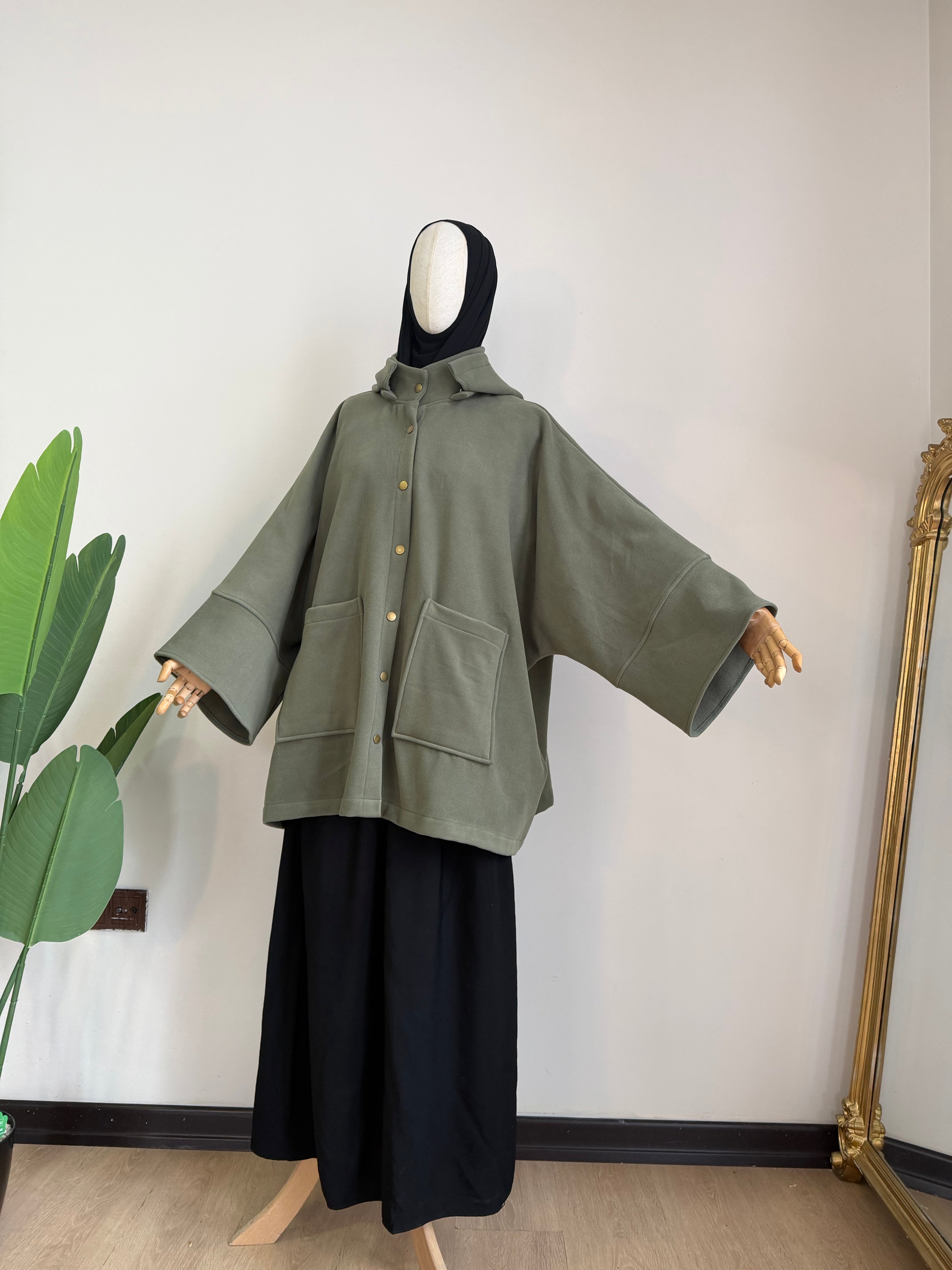 Kaşe ceket panço - Çağla  | çıtlı