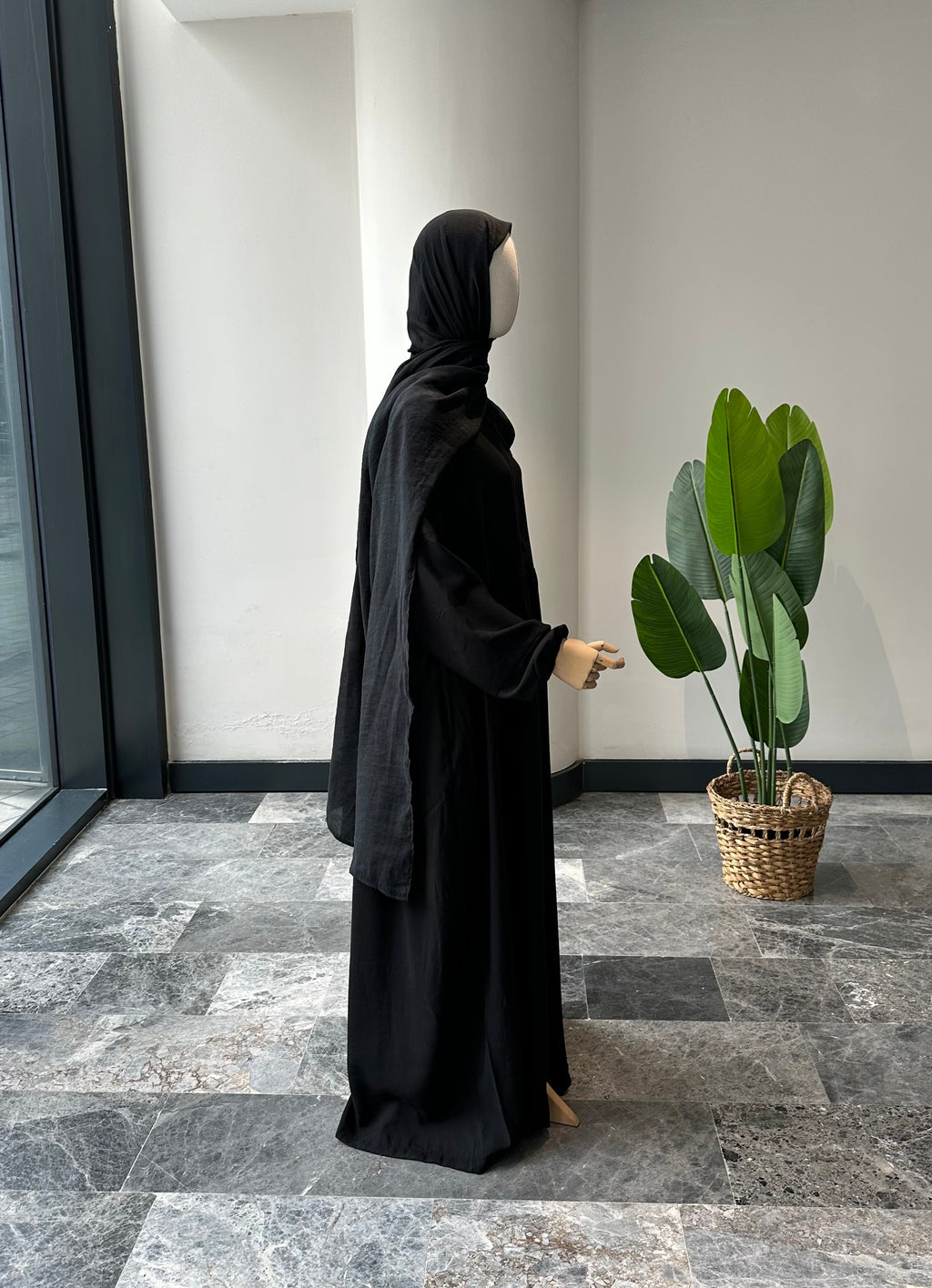 Tensel Kumaş/Robalı Siyah Ferace - Lastik kol